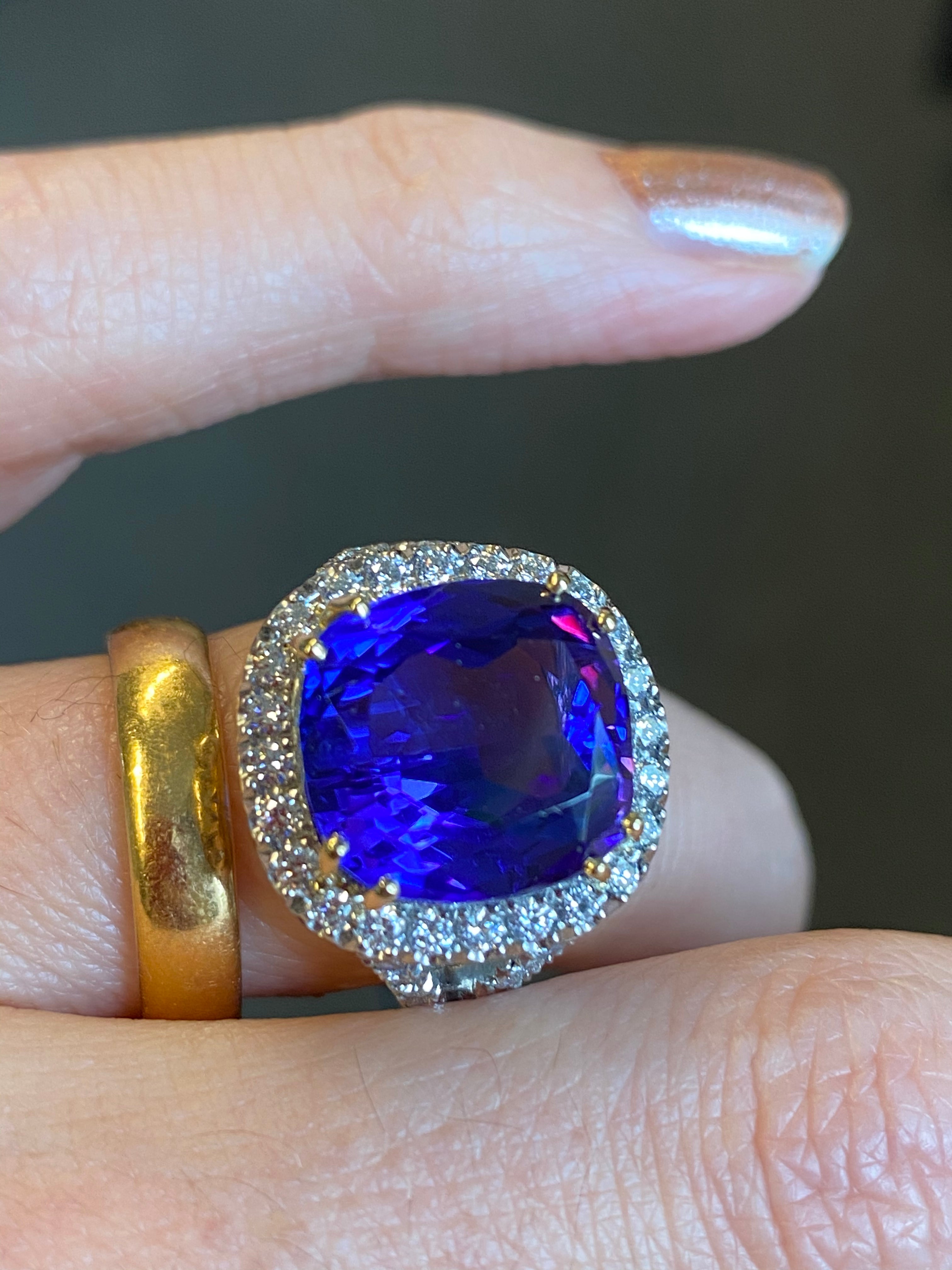 12.00 Carat Cushion-Cut Tanzanite and Diamond Ring in Platinum