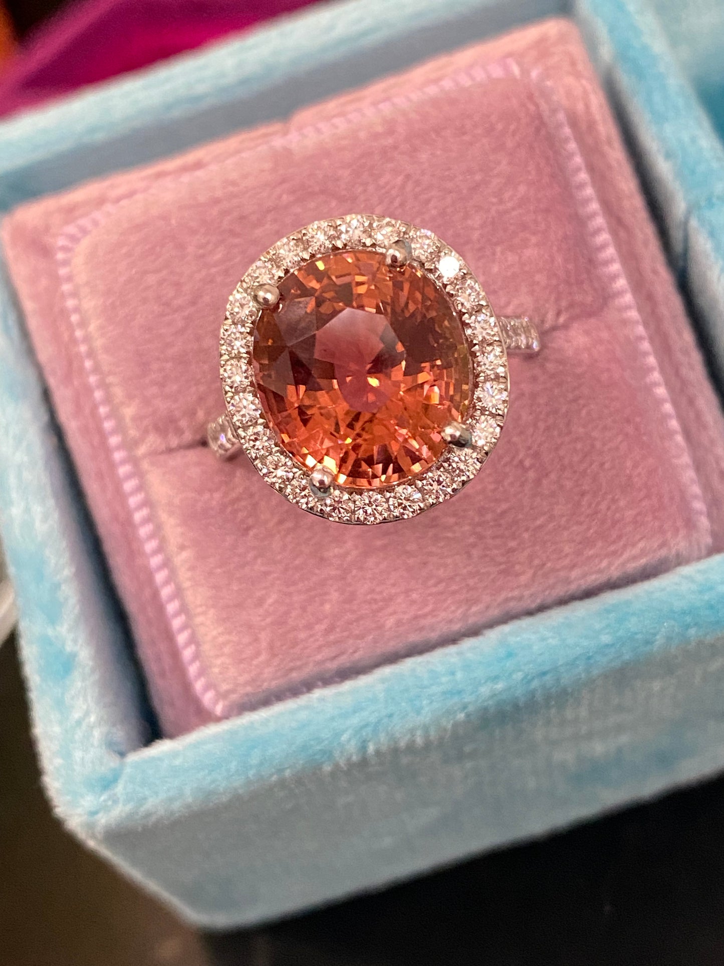 6.10 Carat Oval Cut Rose Pink Tourmaline and Natural Diamond Ring in Platinum