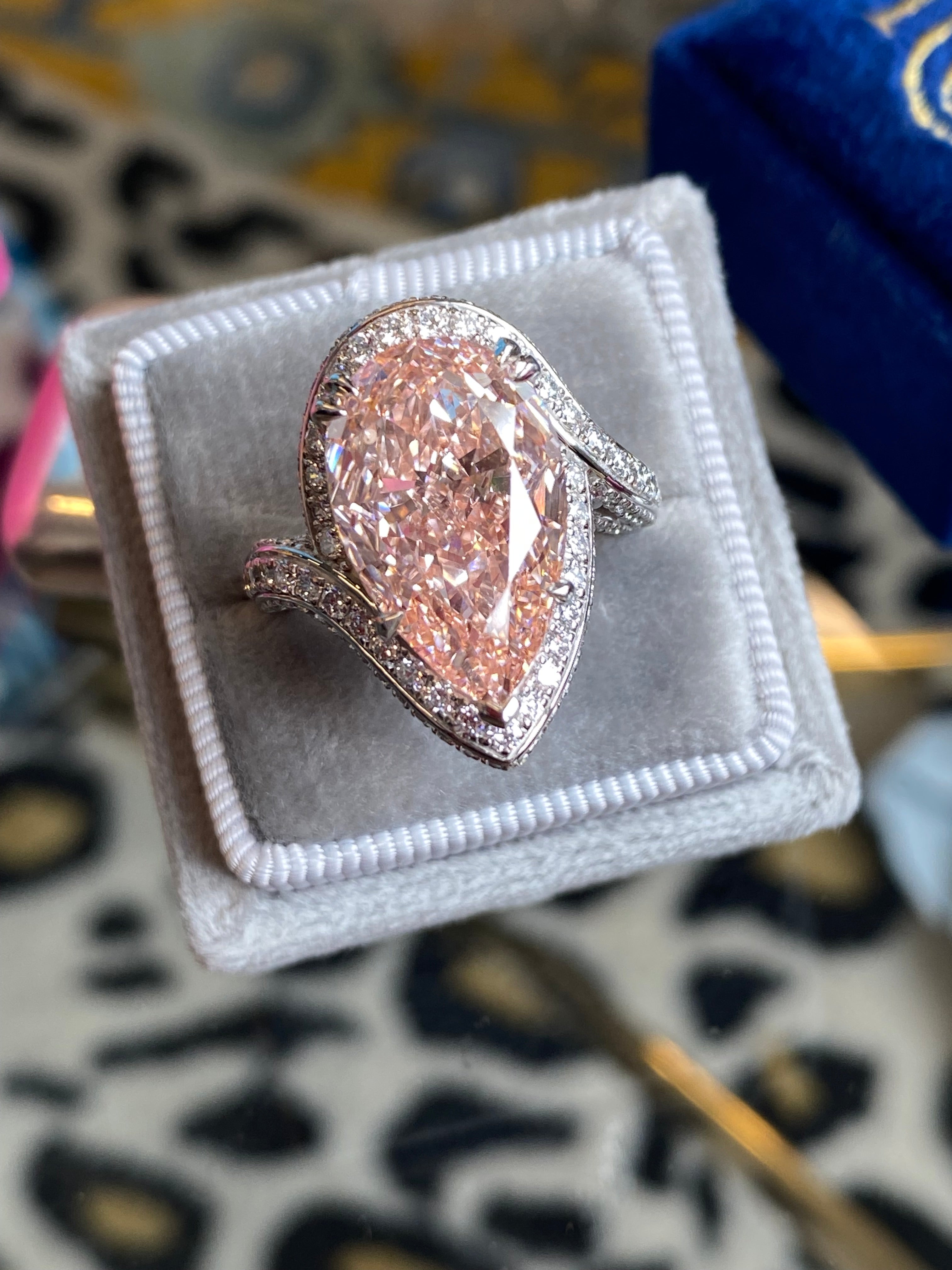 10.45 Carat Fancy Pink Pear Cut + 1.35ctw Lab Diamond Engagement Ring in Platinum