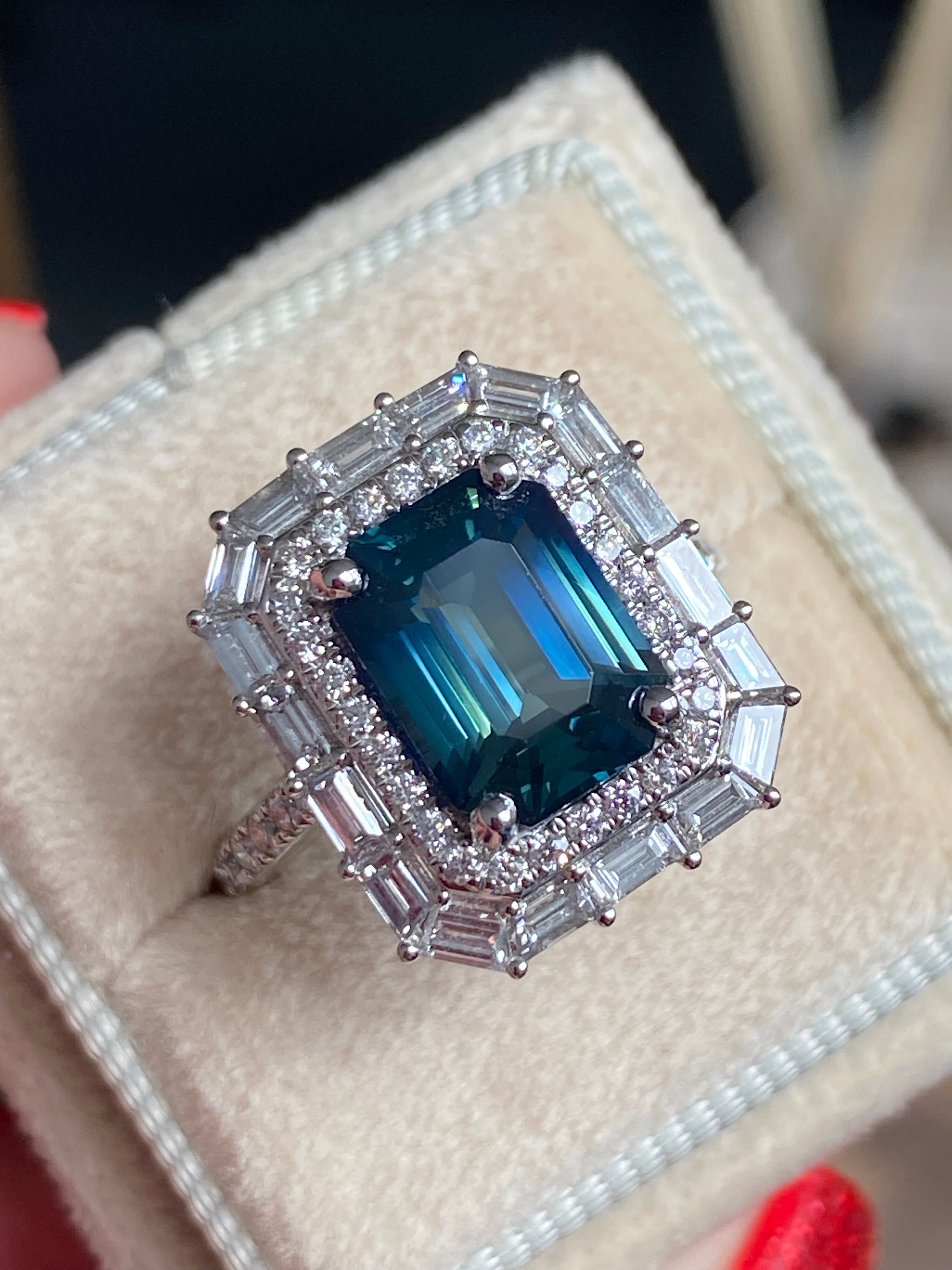 5.34 CTW Ceylon Teal Sapphire and Natural Diamond Ring in Platinum