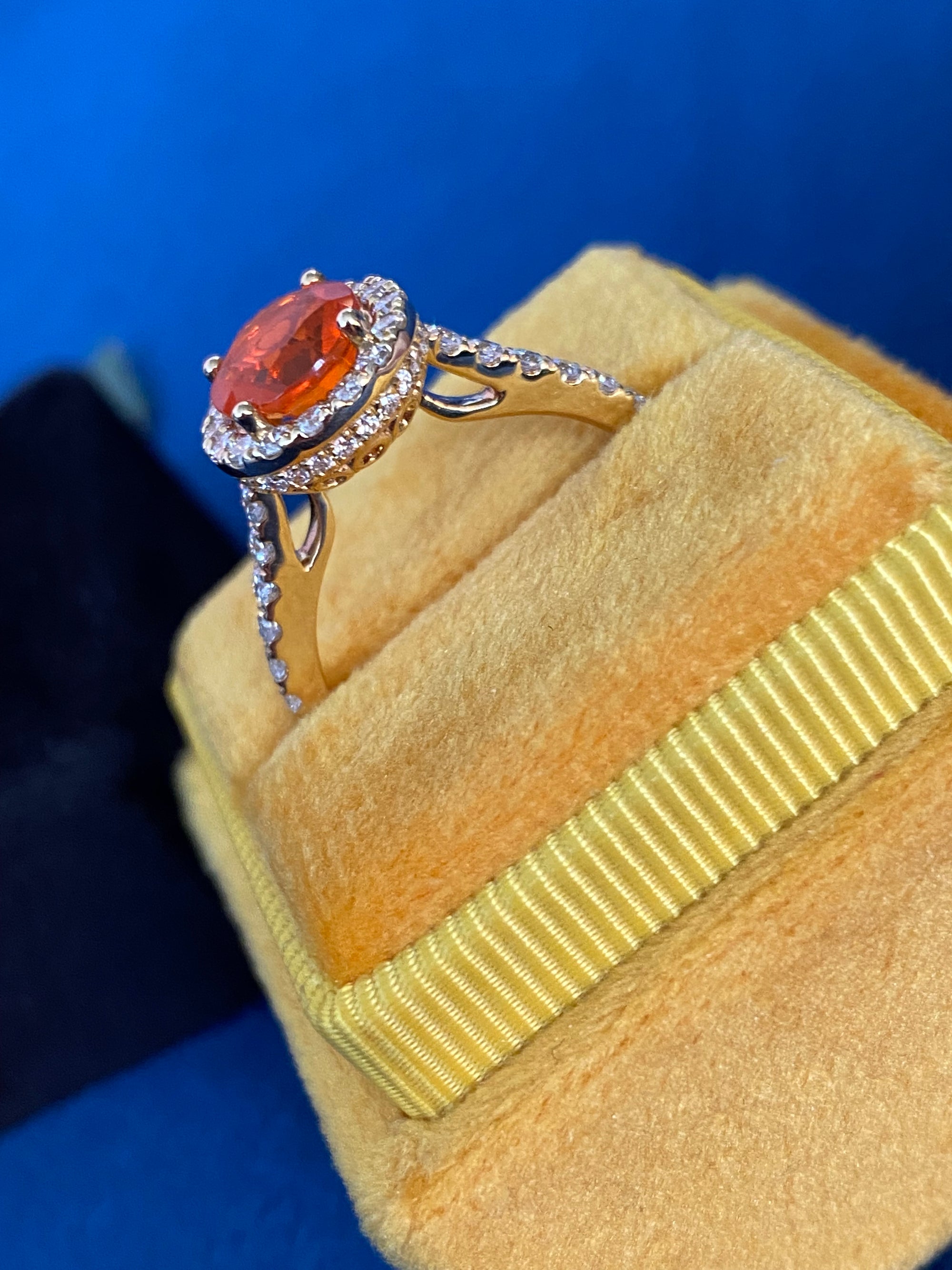 1.37 CTW Fire Opal and Natural Diamond Halo Ring in 18ct Yellow Gold