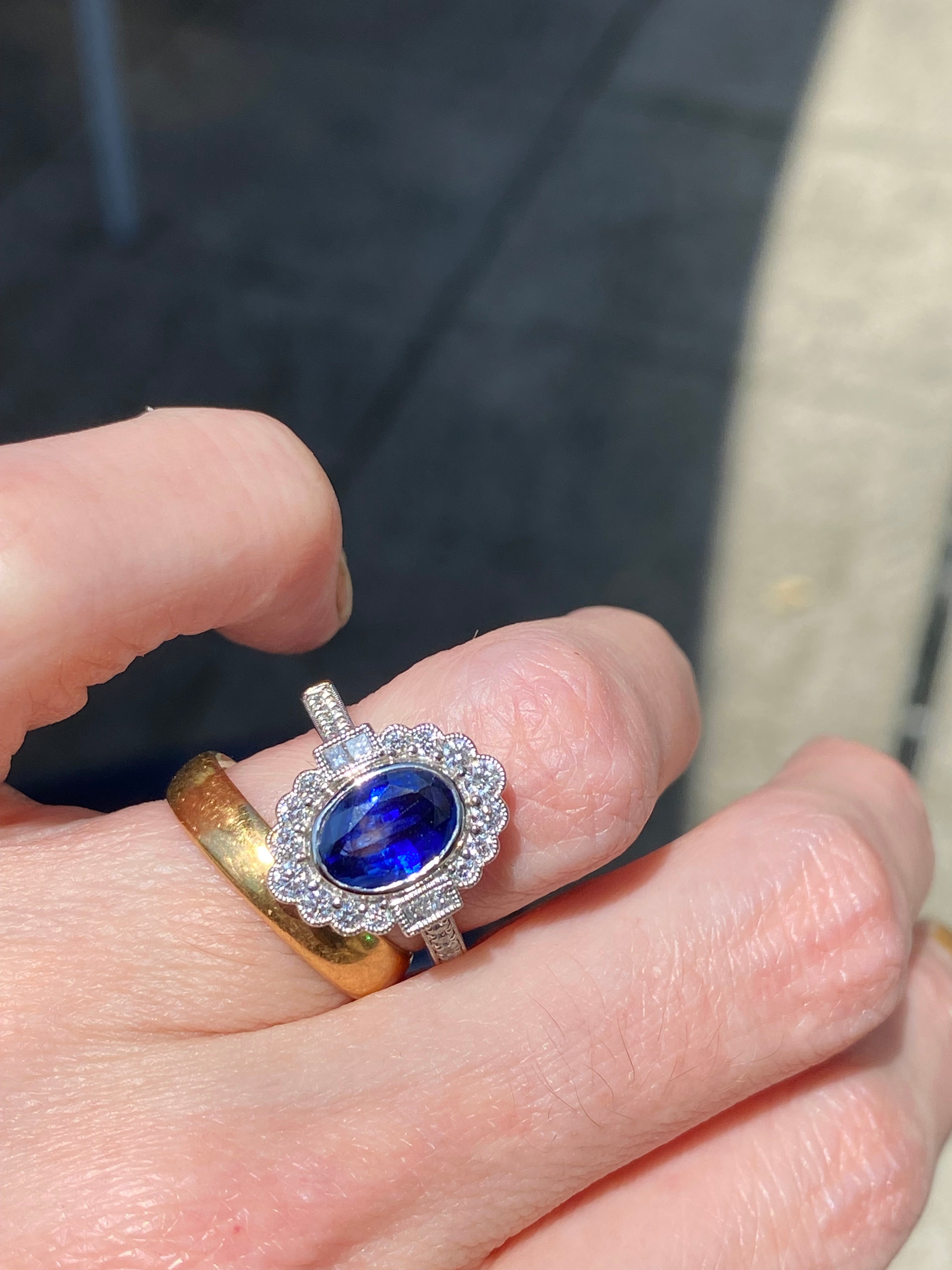 1.95 Carat Blue Ceylon Sapphire and Natural Diamond Halo Ring in Platinum