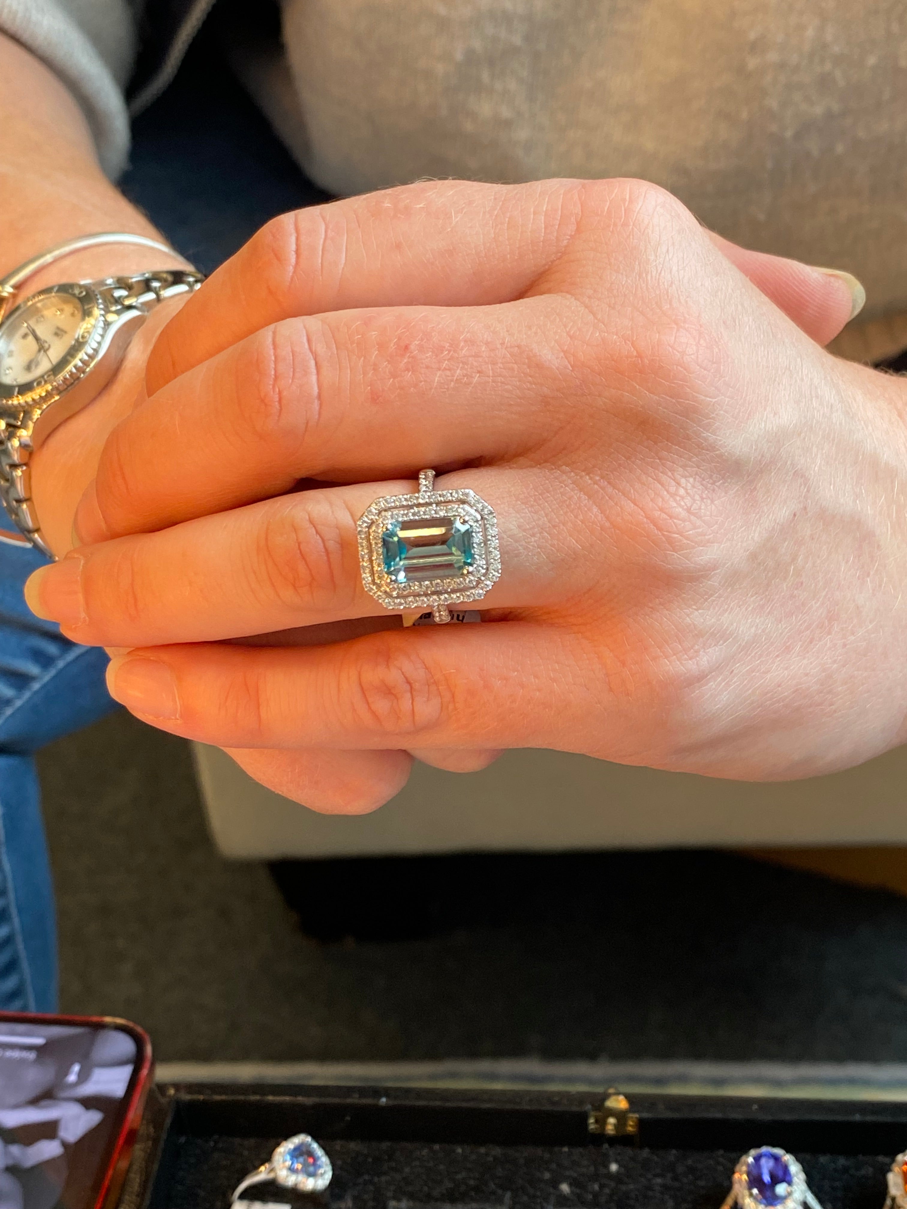 4.74 Ctw Blue Zircon and Natural Diamond Halo Ring in Platinum