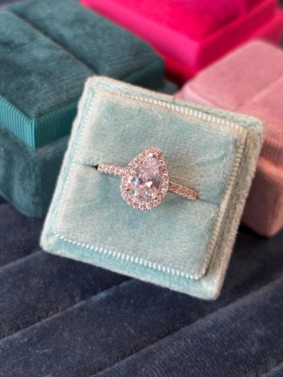 Pear Cut Moissanite Halo Engagement and Wedding / Eternity Ring Set in Sterling Silver