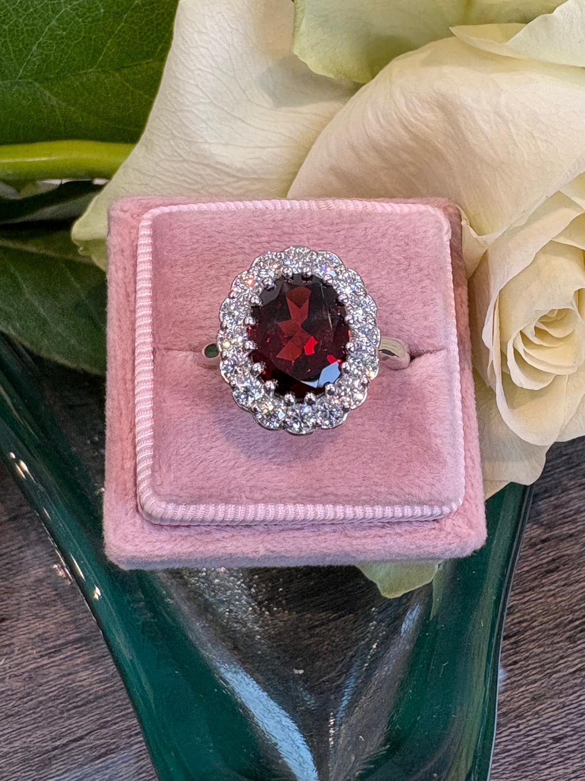 5.50 CTW Oval Cut Garnet and Moissanite Halo Cocktail Ring