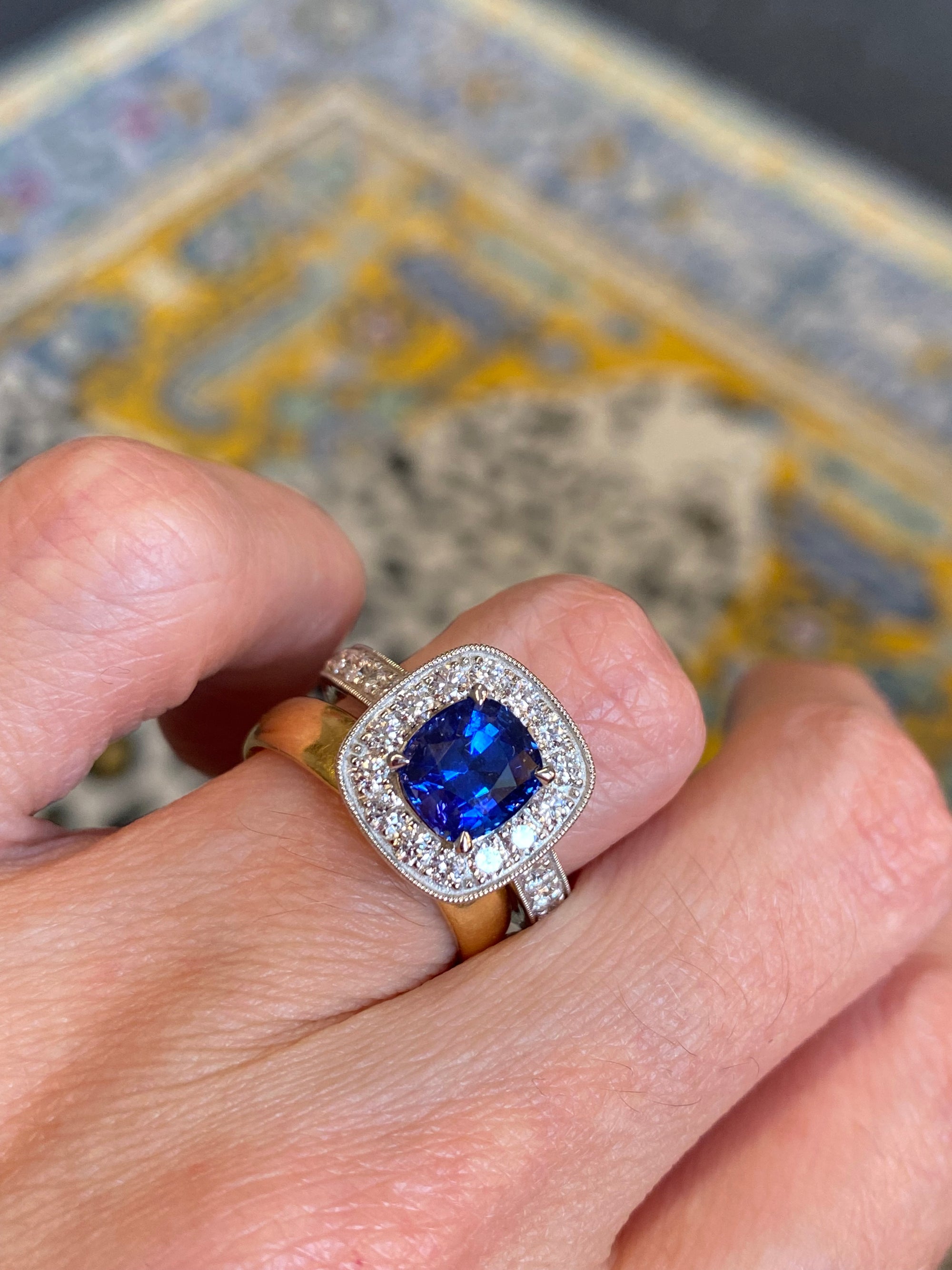 2.24 Carat Blue Ceylon Sapphire and Natural Diamond Halo Ring in Platinum