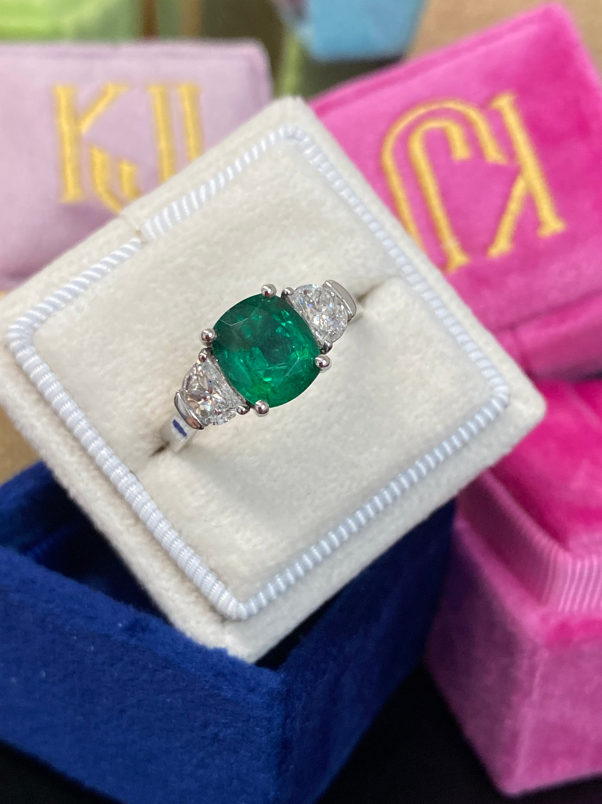 2.77 CTW Colombian Emerald and Natural Diamond Three Stone Engagement Ring Platinum