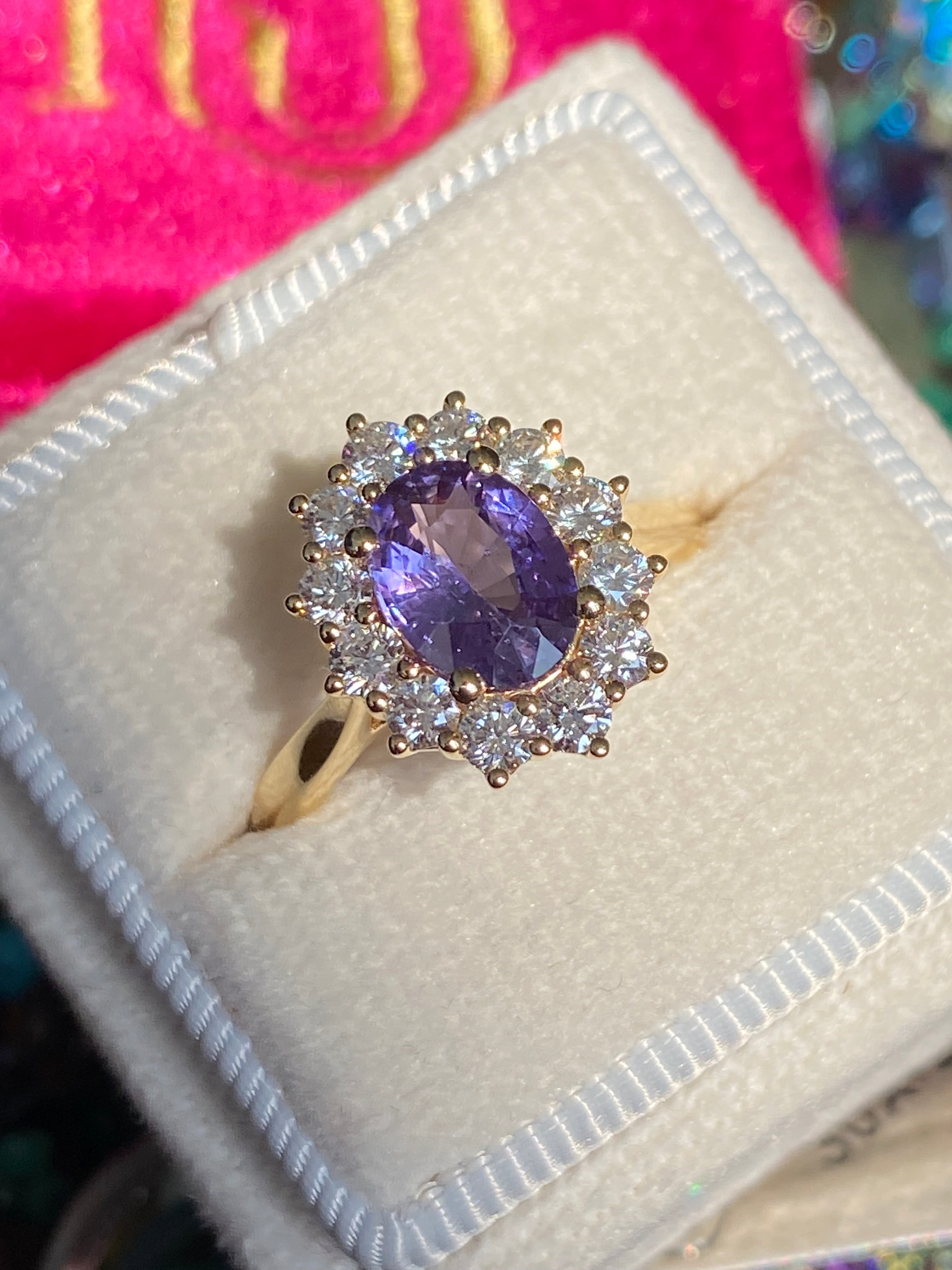 2.08 CTW Violet Sapphire and Natural Diamond Halo Ring in 18ct Yellow Gold