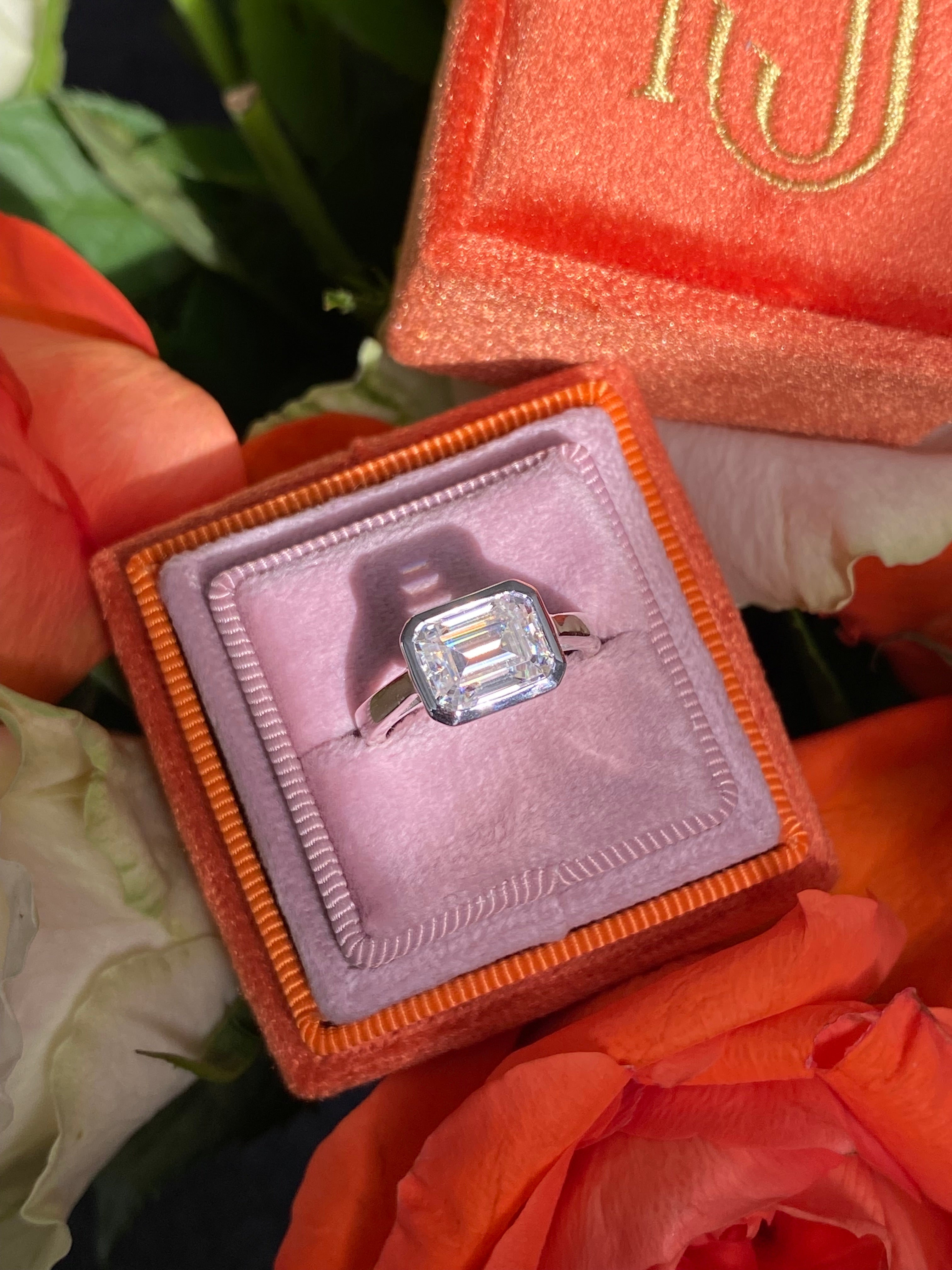3.00 Carat Emerald Cut Moissanite East West Solitaire Ring in Sterling Silver