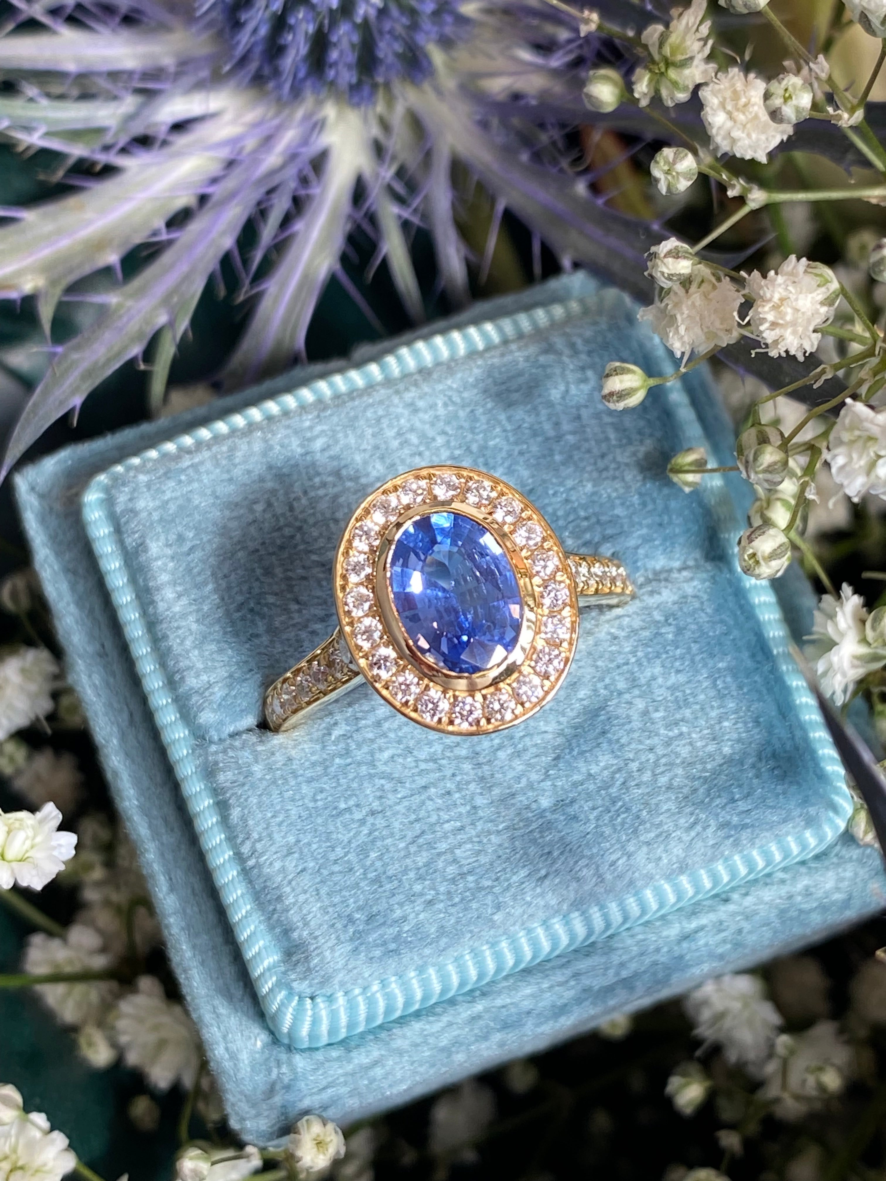 1.64 CTW Violet Sapphire and Natural Diamond Halo Ring in 18ct Yellow Gold