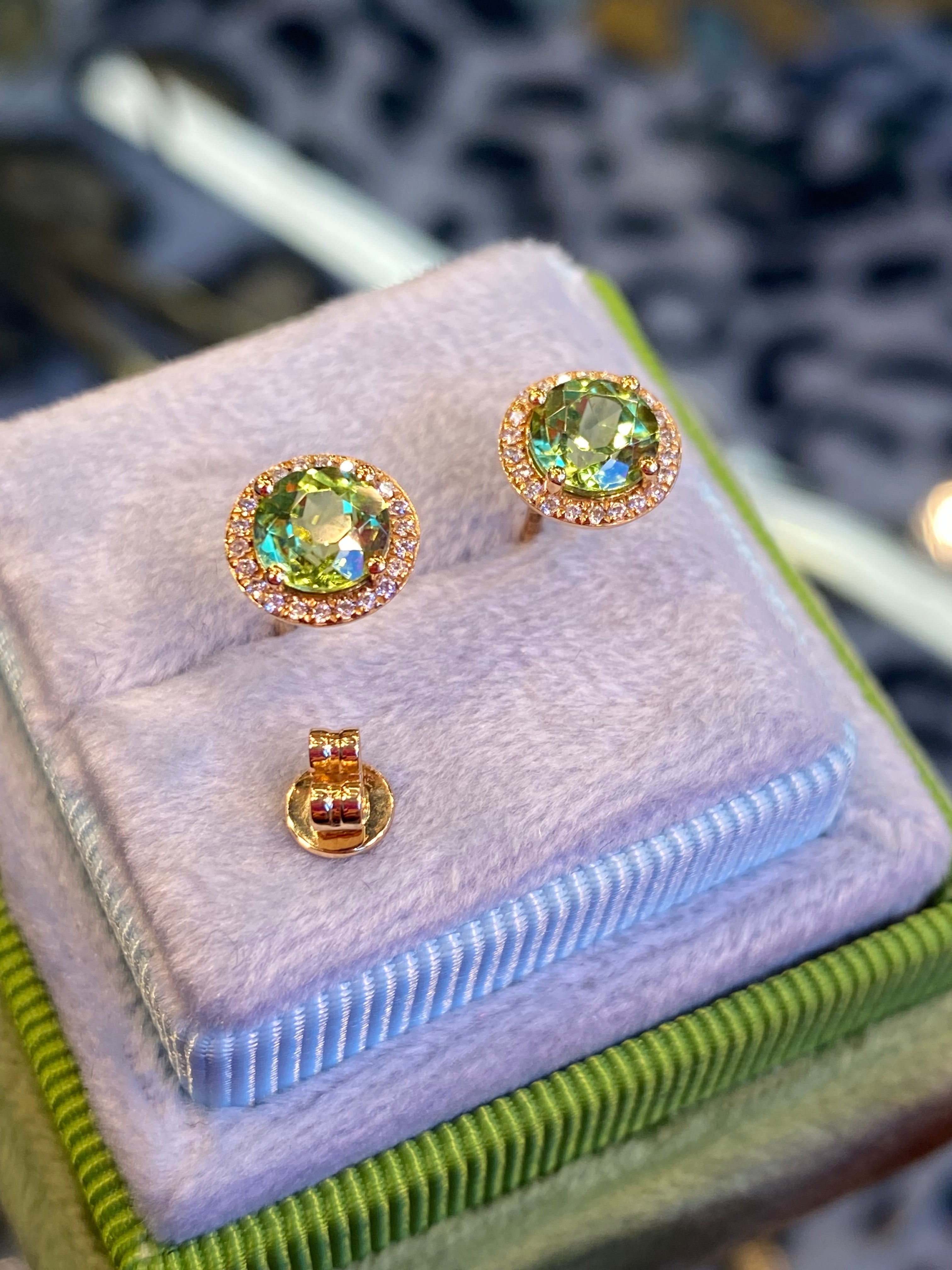 Peridot and Diamond Halo Stud Earrings in 18ct Yellow Gold