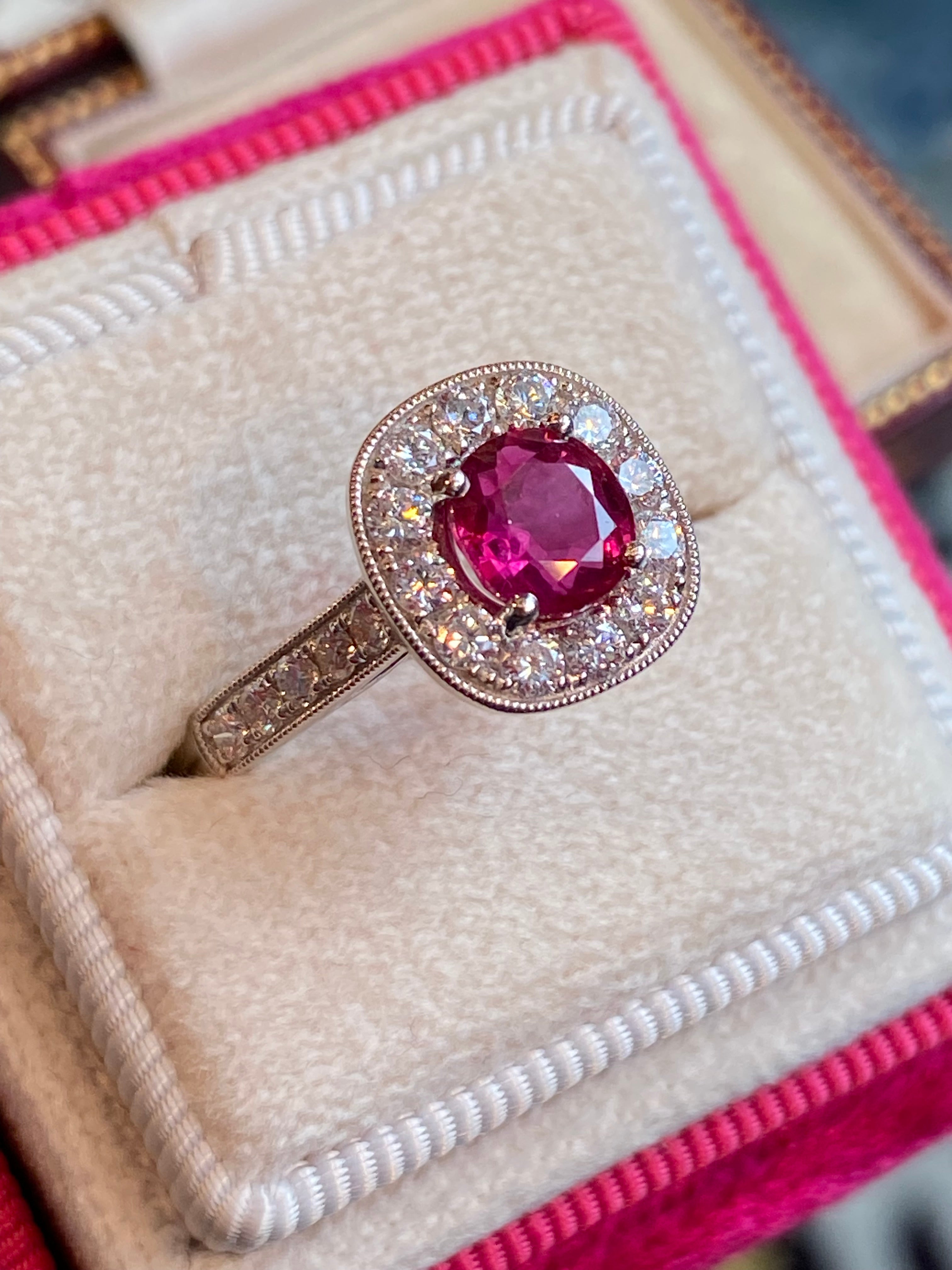 1.89 CTW Oval-Cut Ruby and Natural Diamond Halo Ring in Platinum