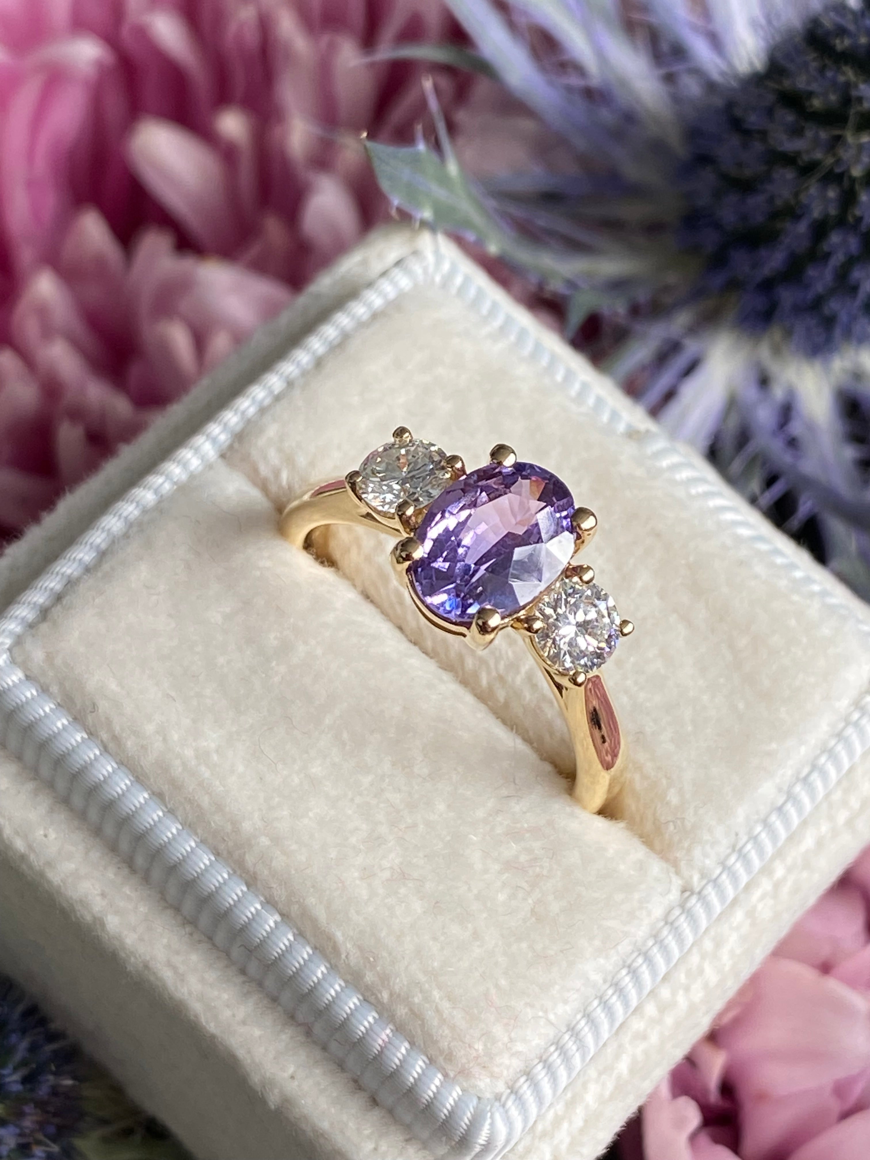 1.82 CTW Purple Sapphire and Natural Diamond Three Stone Ring in 18ct Yellow Gold