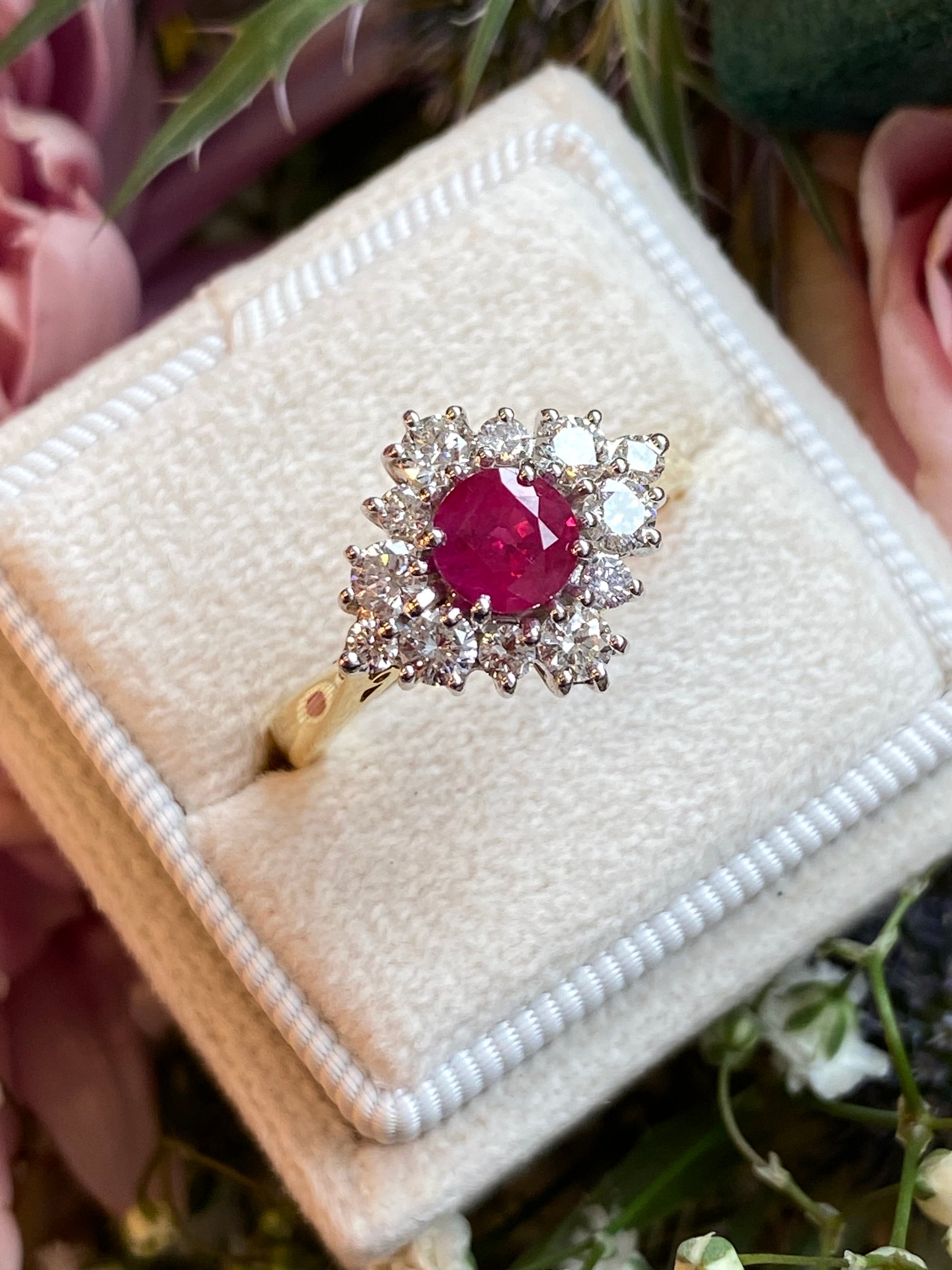 1.31 CTW Round-Cut Ruby and Natural Diamond Halo Ring in 18ct White and Yellow Gold