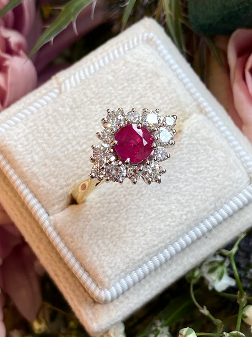 1.31 CTW Round-Cut Ruby and Natural Diamond Halo Ring in 18ct White and Yellow Gold