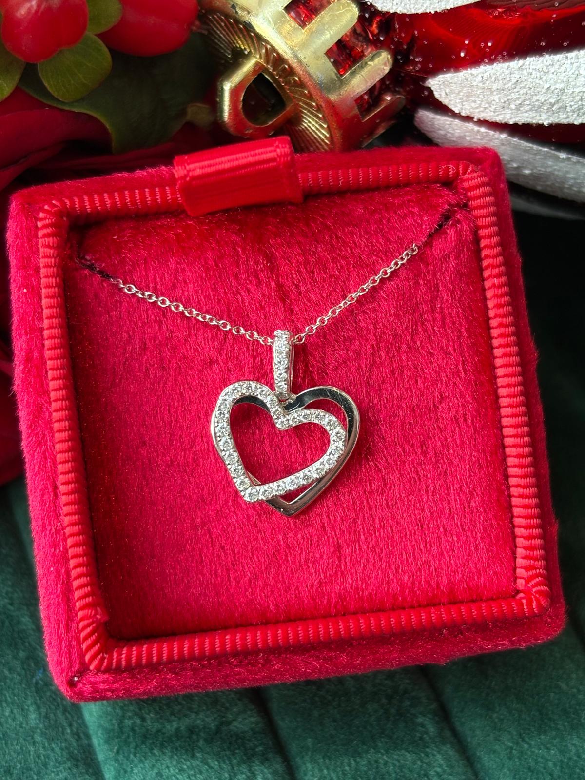 Beautiful Natural Diamond Pendant Double Heart Necklace in 18ct White Gold