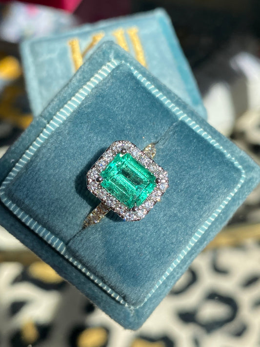 1.64 Carat Colombian Emerald and Natural Diamond Ring in 18ct White and Yellow Gold