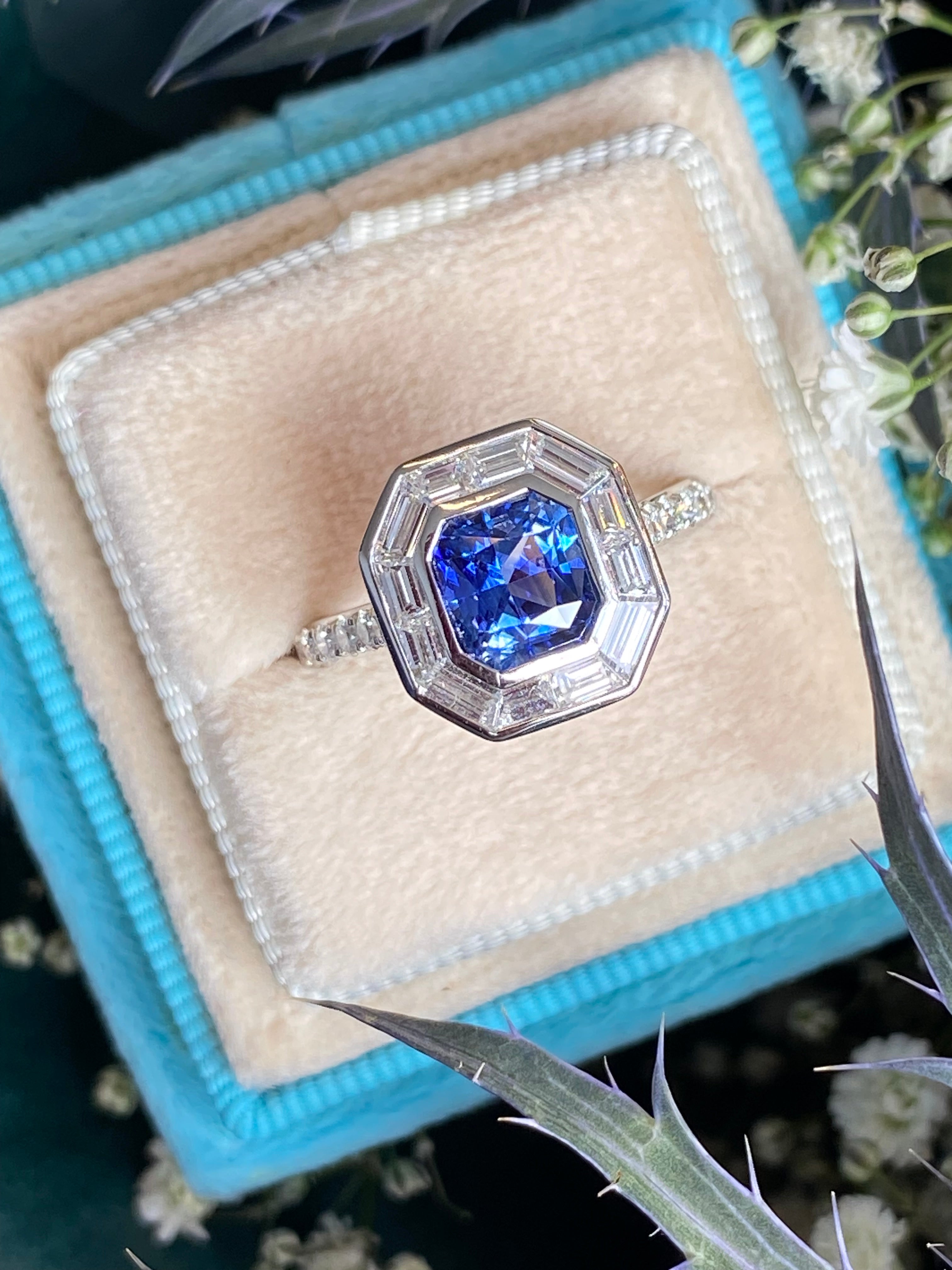 2.10 Carat Blue Ceylon Sapphire and 1.09 CTW Natural Diamond Halo Ring in Platinum