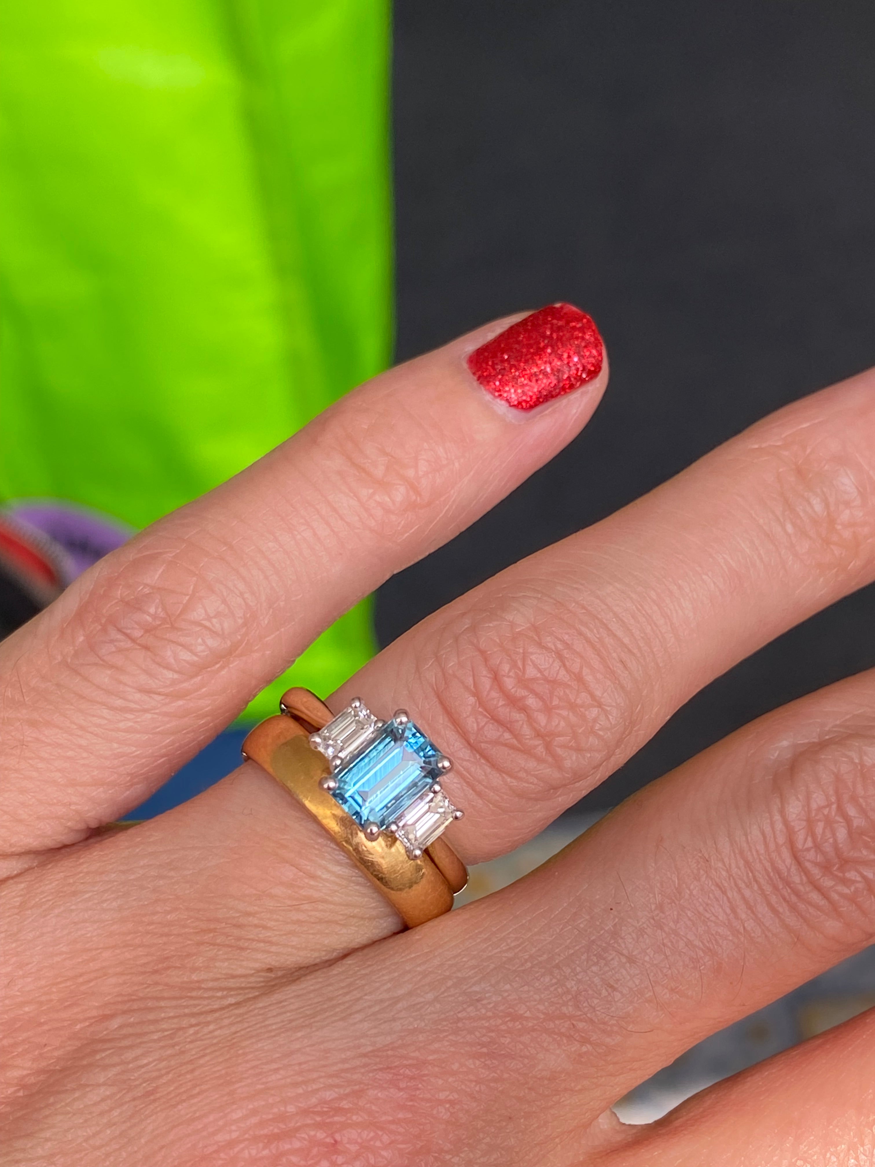 1.73 CTW Aquamarine and Natural Diamond Three Stone Ring in Platinum and 18ct Yellow Gold