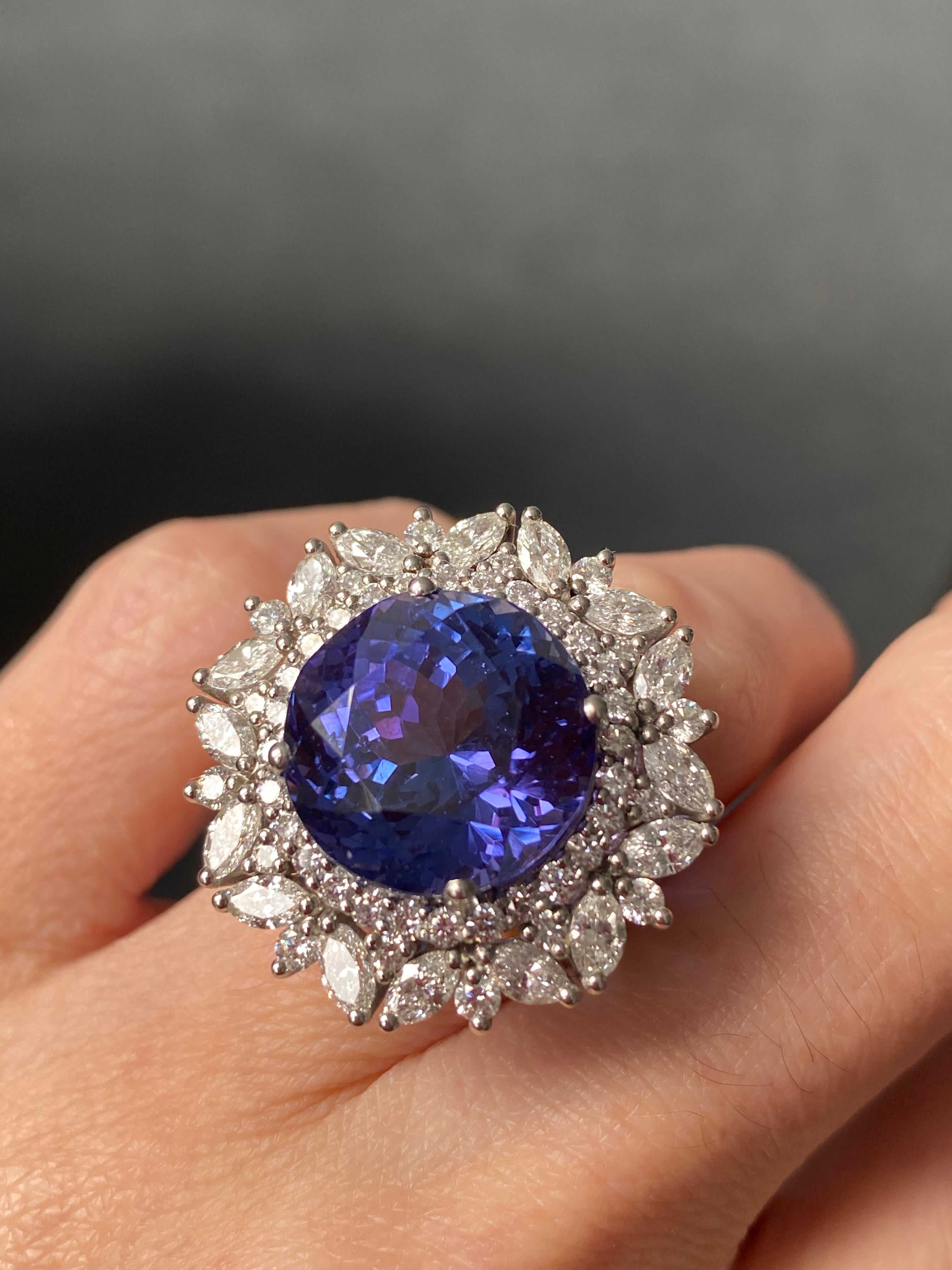 15.96 Carat Round Cut Tanzanite and 2.88ctw Natural Diamond Cocktail Ring in Platinum