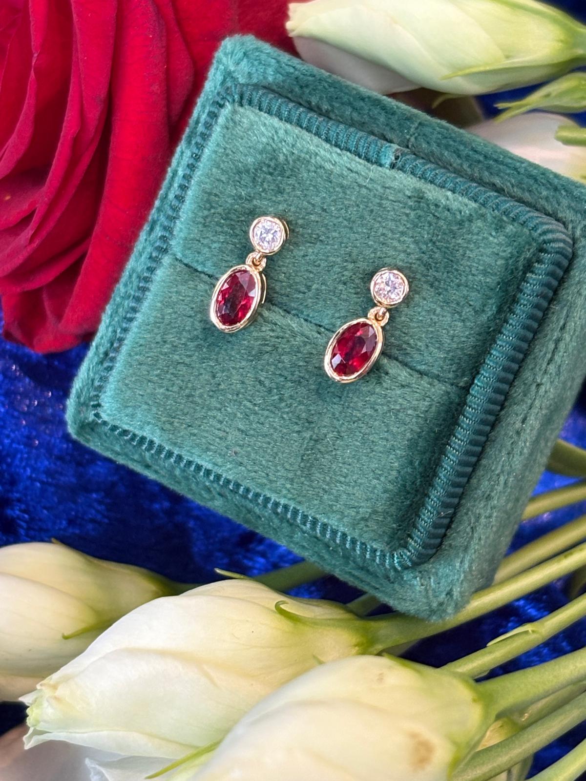 Beautiful Ruby and Diamond Stud Drop Earrings in 18ct Yellow Gold
