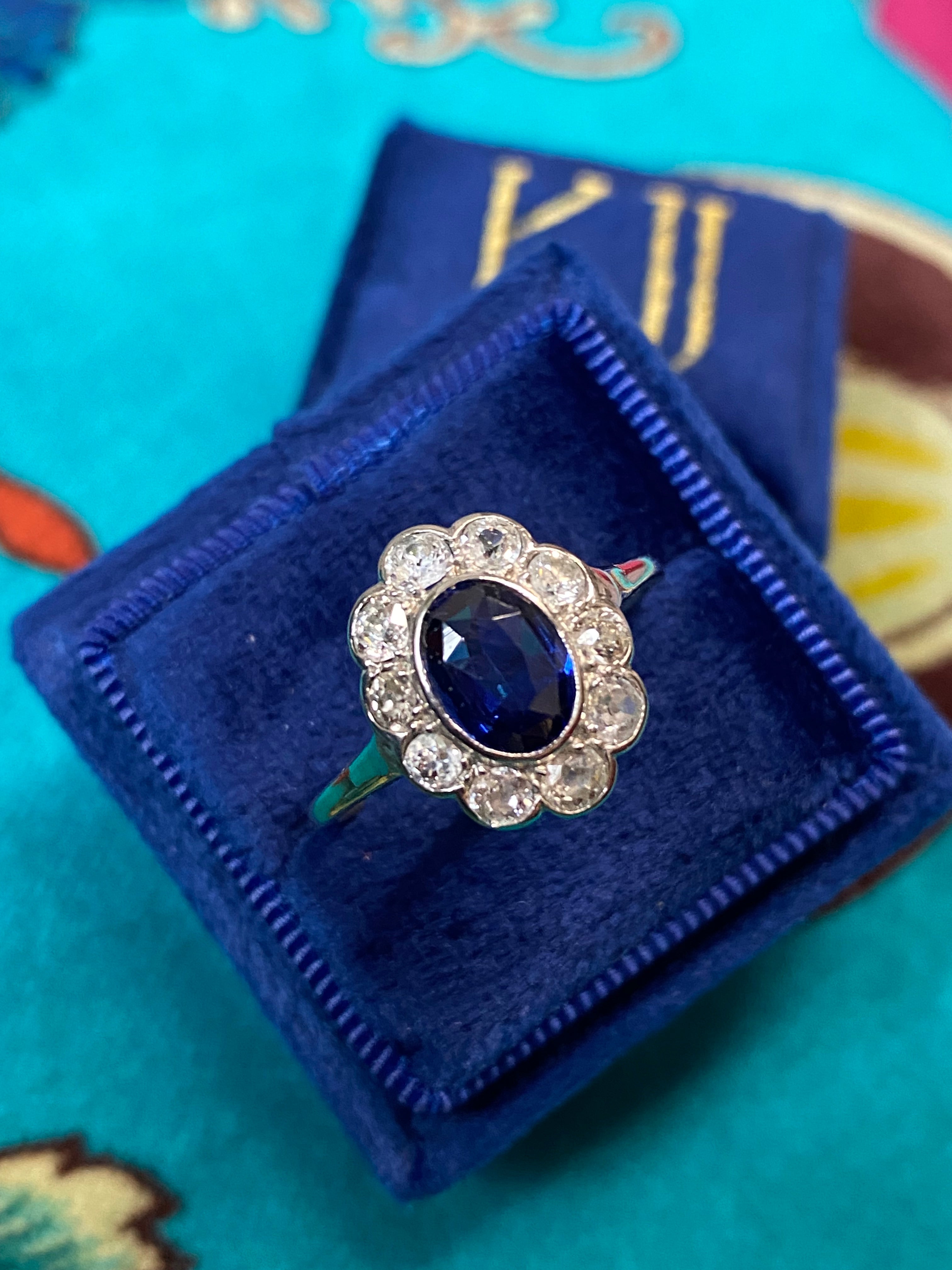 2.00 CTW Antique Edwardian Blue Sapphire and Diamond Ring in 18ct Gold