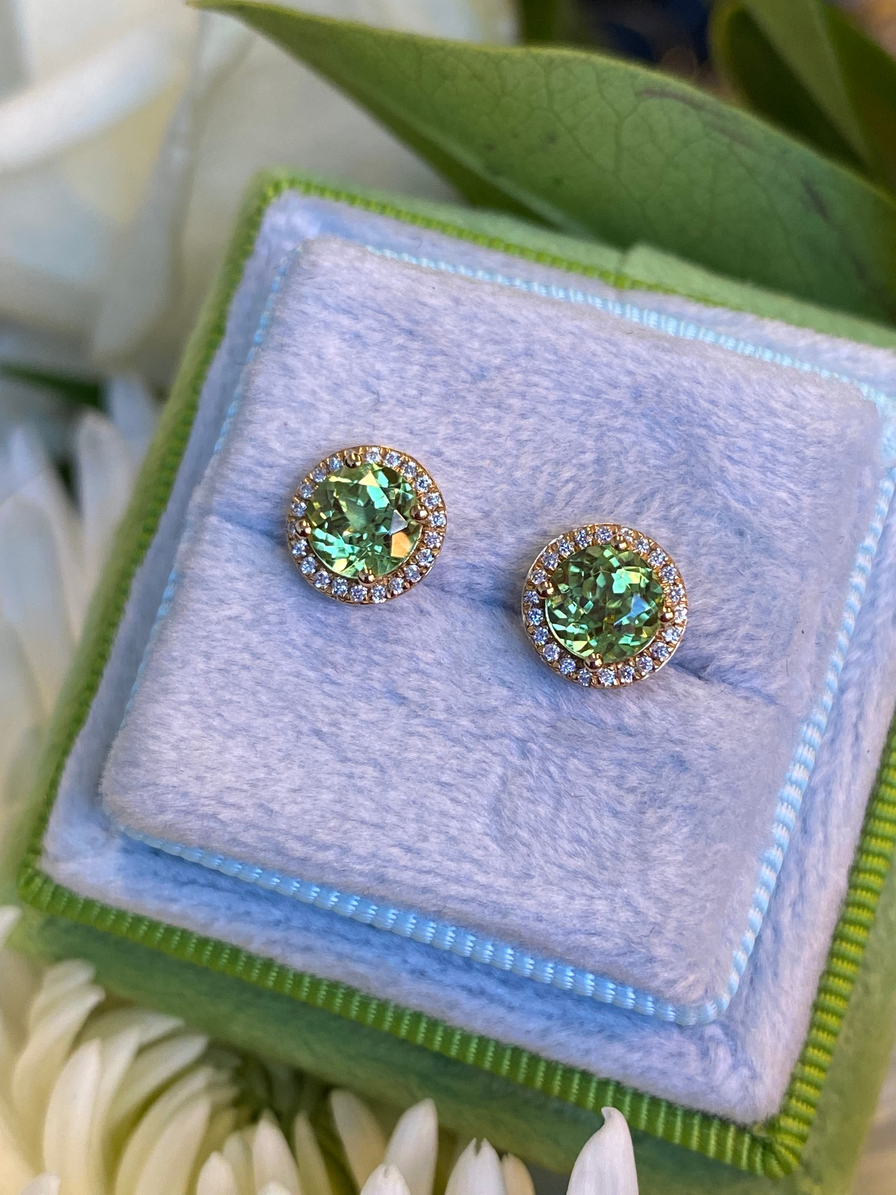Peridot and Diamond Halo Stud Earrings in 18ct Yellow Gold