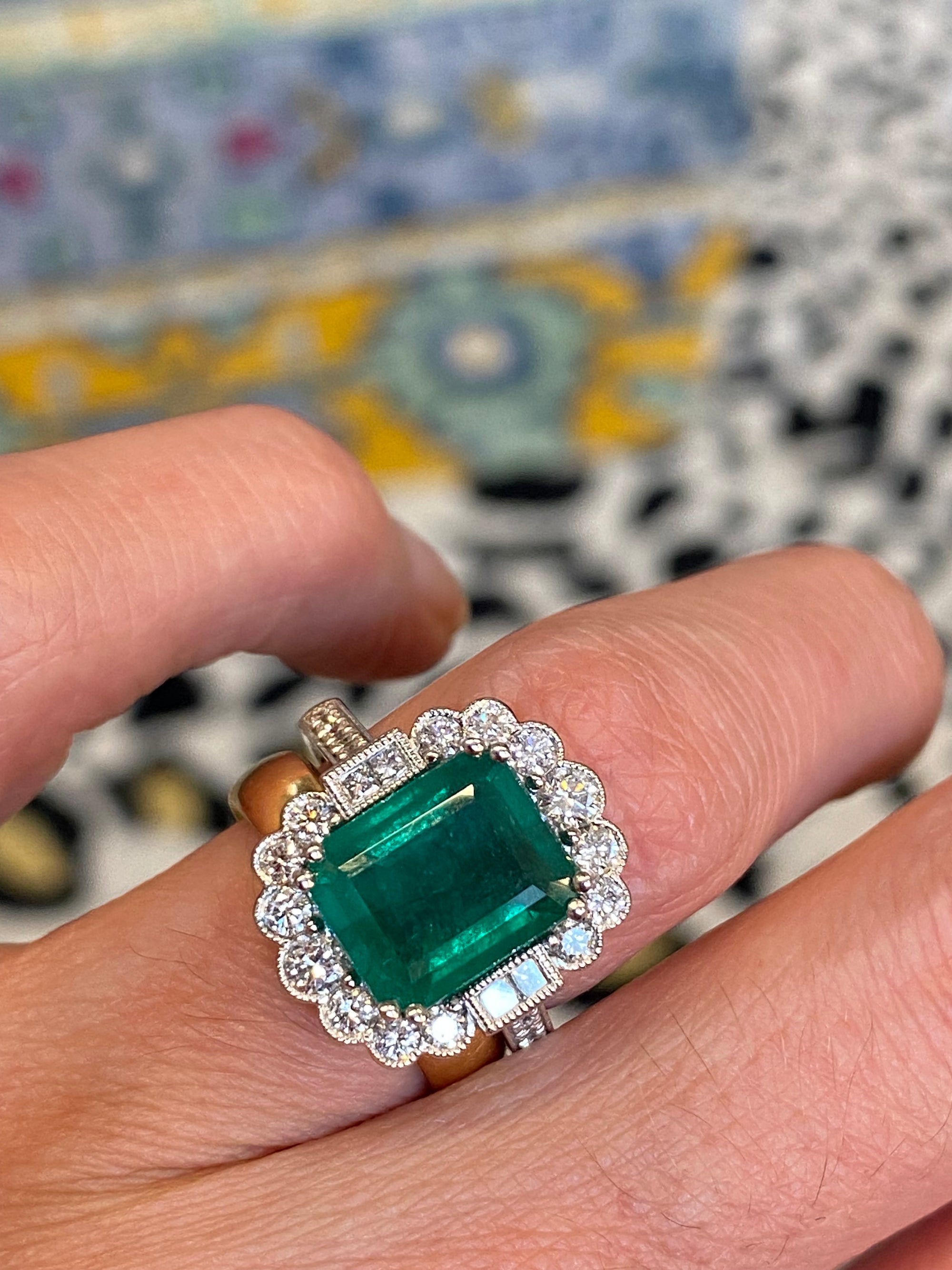 3.88 Carat Emerald and Natural Diamond Halo Ring in Platinum