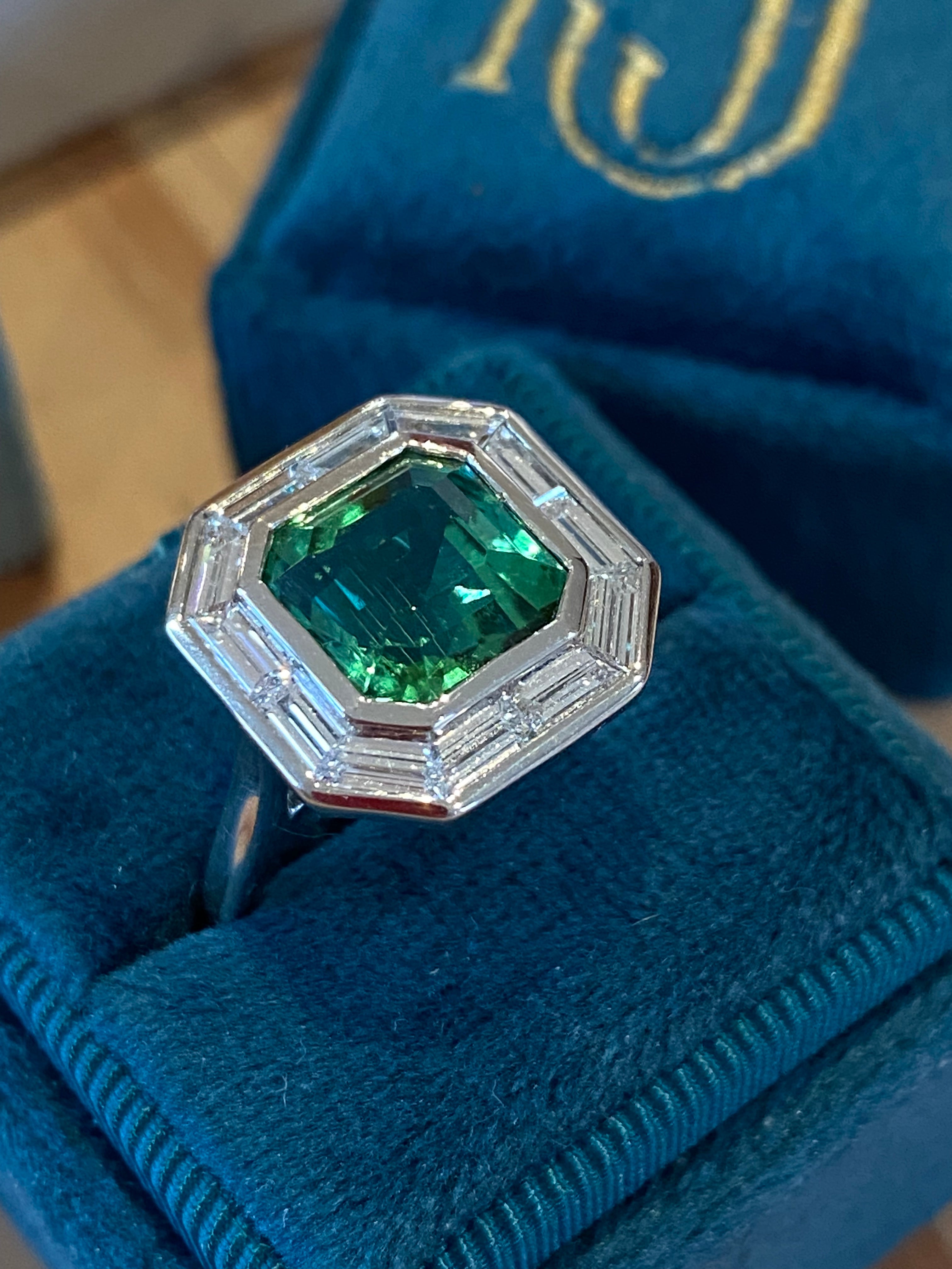 3.98 Carat Mint Tourmaline and 1.15ctw Natural Diamond Ring in Platinum