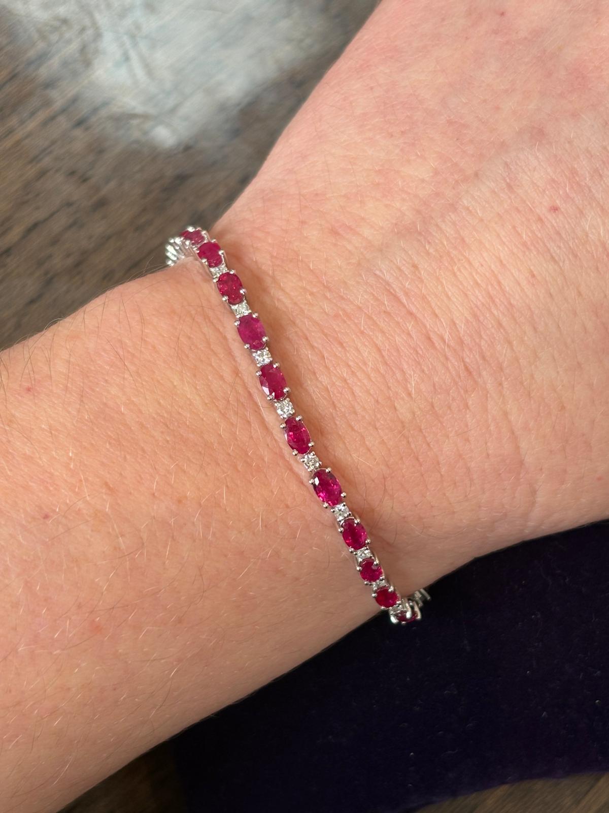 7.89 CTW Ruby and Natural Diamond Line Tennis Bracelet in 9ct White Gold