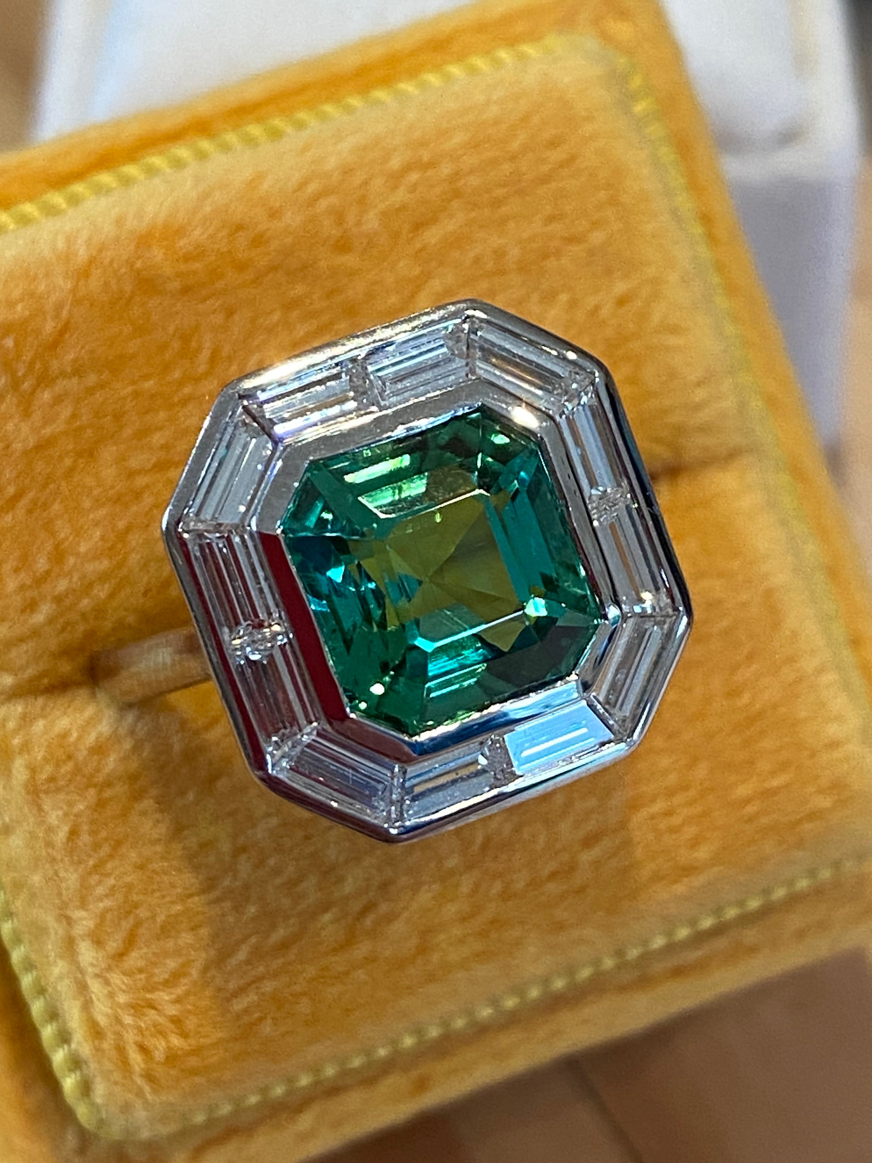 3.98 Carat Mint Tourmaline and 1.15ctw Natural Diamond Ring in Platinum