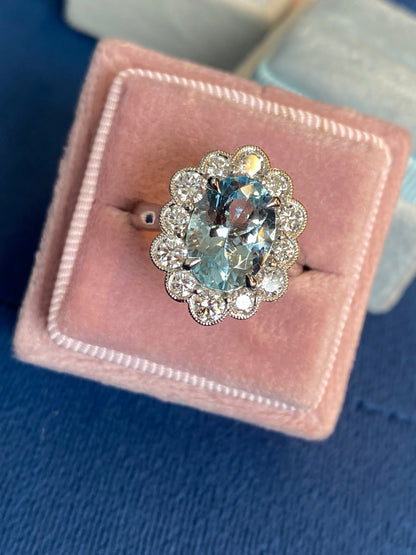 4.09 CTW Oval Cut Aquamarine and Natural Diamond Halo Engagement Ring in Platinum