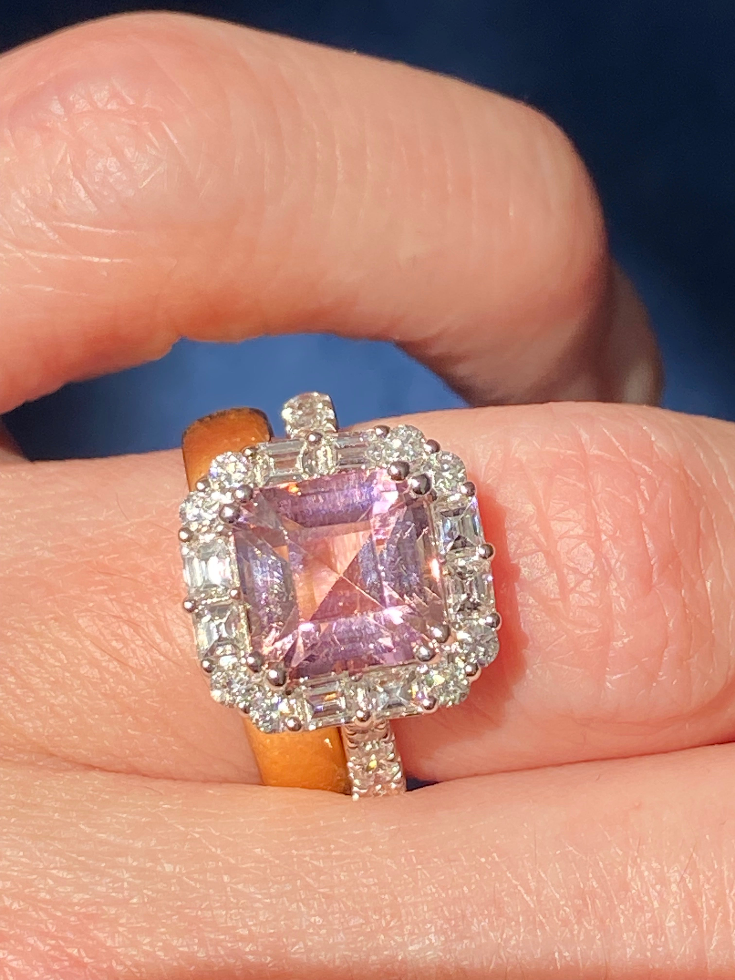 4.71 CTW Emerald Cut Pink Tourmaline and Natural Diamond Halo Ring in Platinum