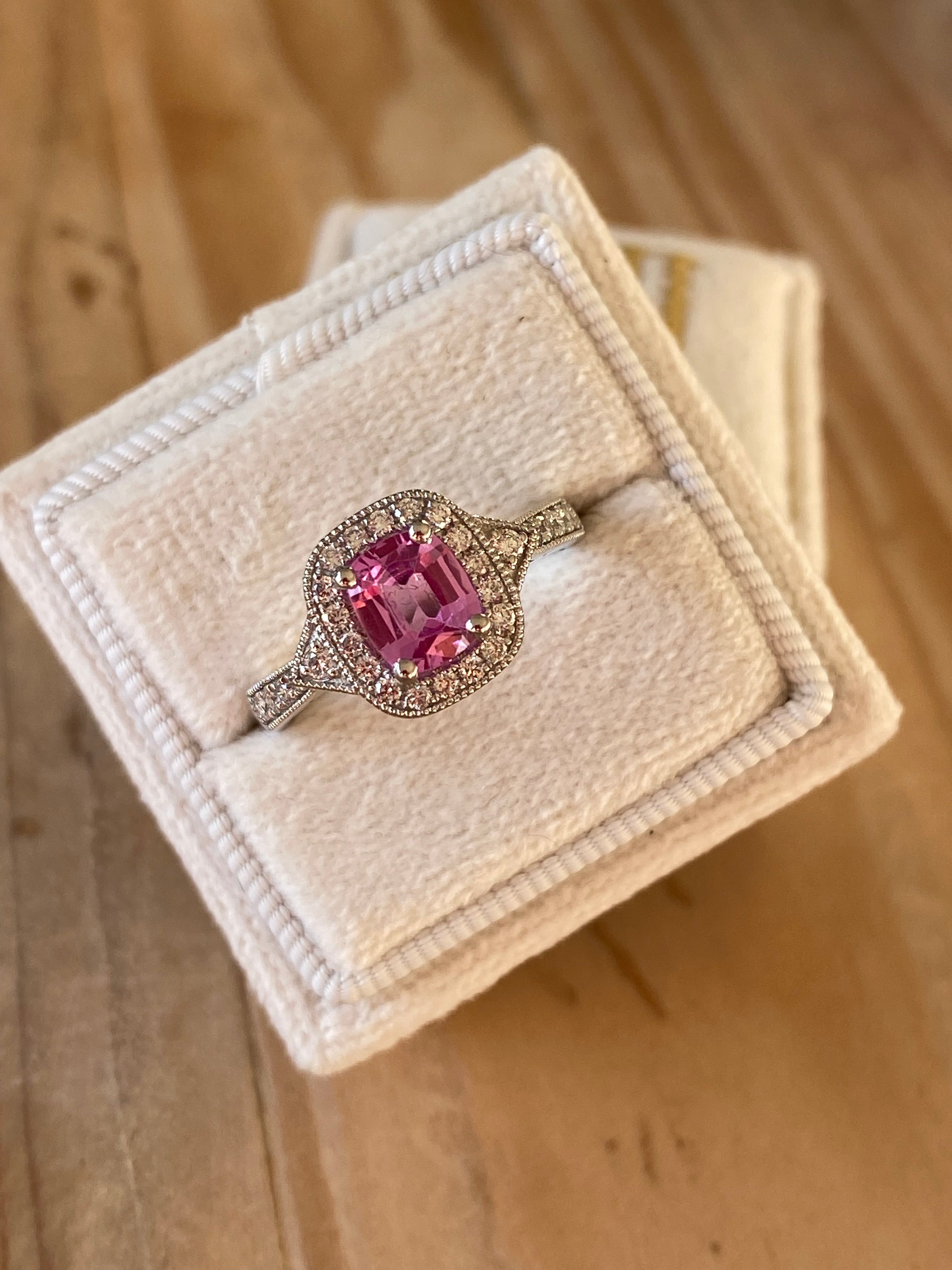 0.98 Carat Cushion Cut Pink Sapphire and 0.28 CTW Natural Diamond Halo Ring in Platinum