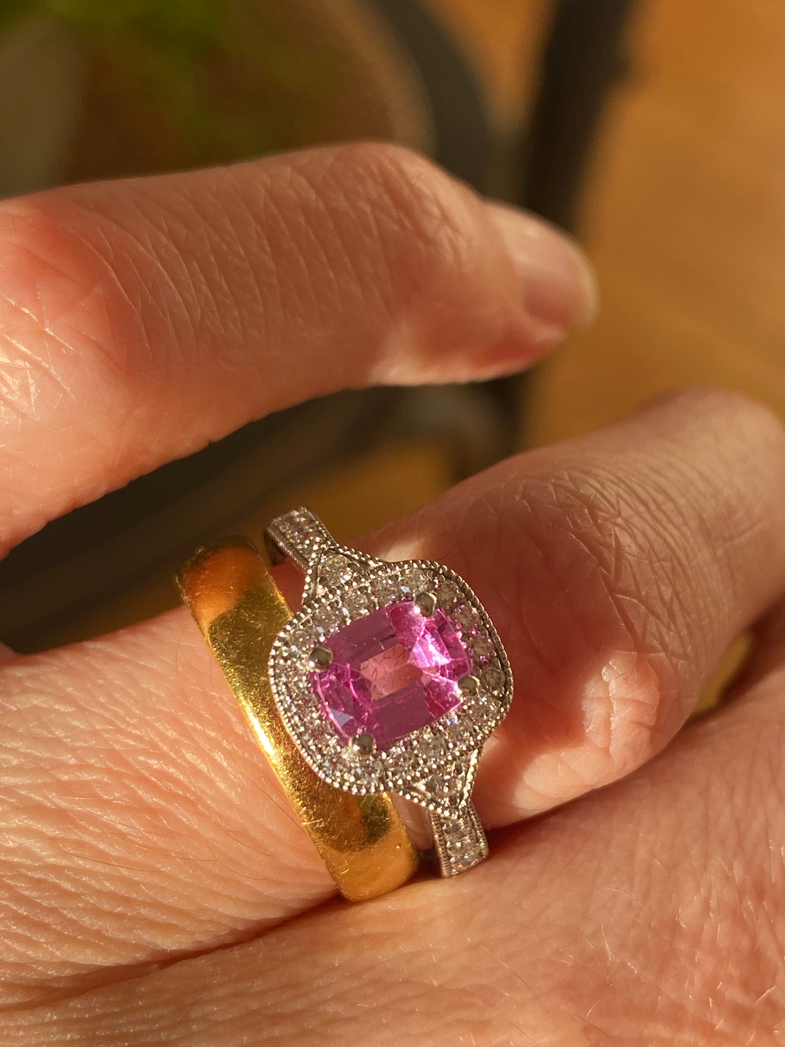 0.98 Carat Cushion Cut Pink Sapphire and 0.28 CTW Natural Diamond Halo Ring in Platinum