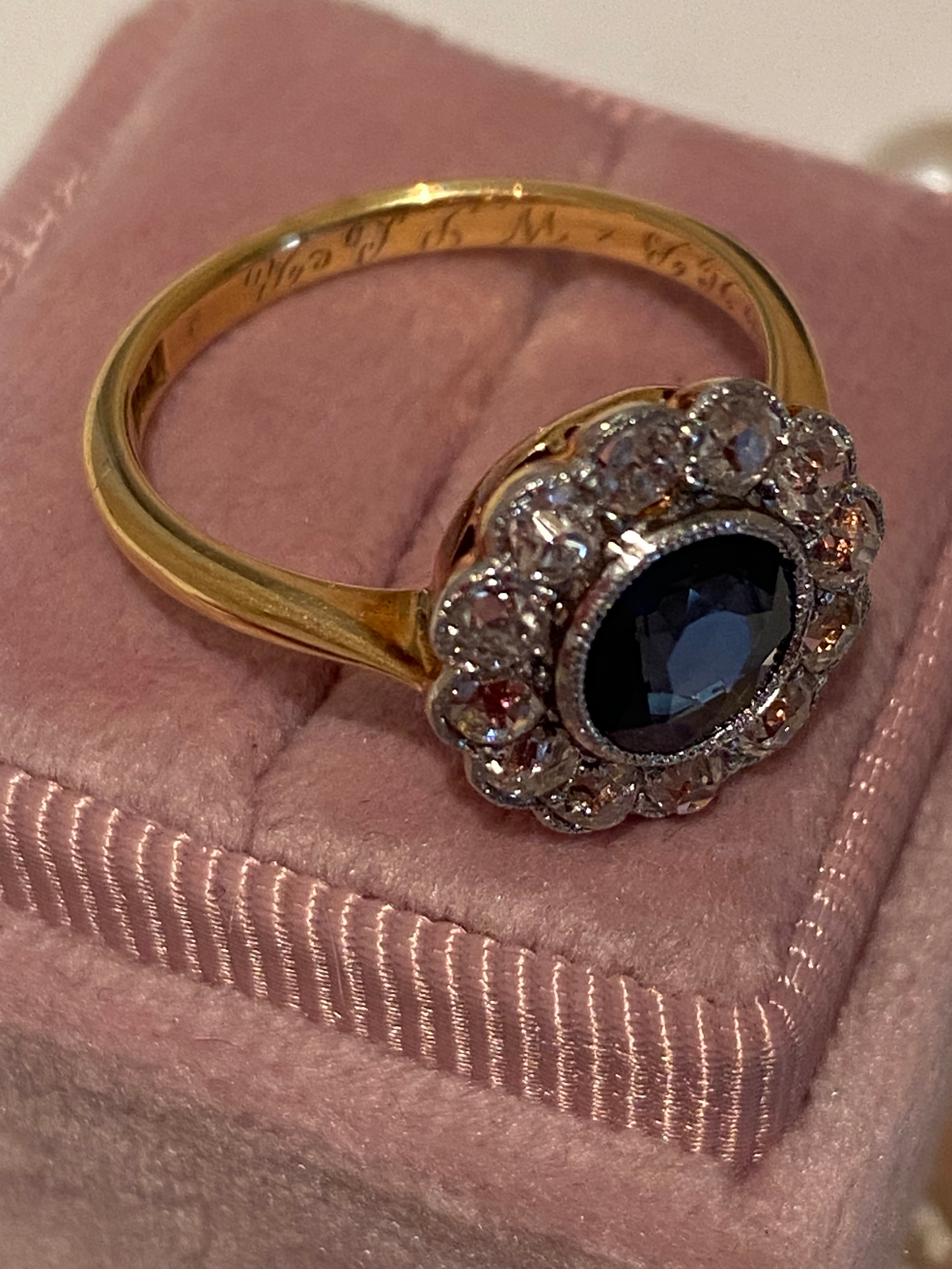 2.25 CTW Antique Edwardian Old Cut Sapphire and Diamond Daisy Ring in 18ct Gold and Platinum