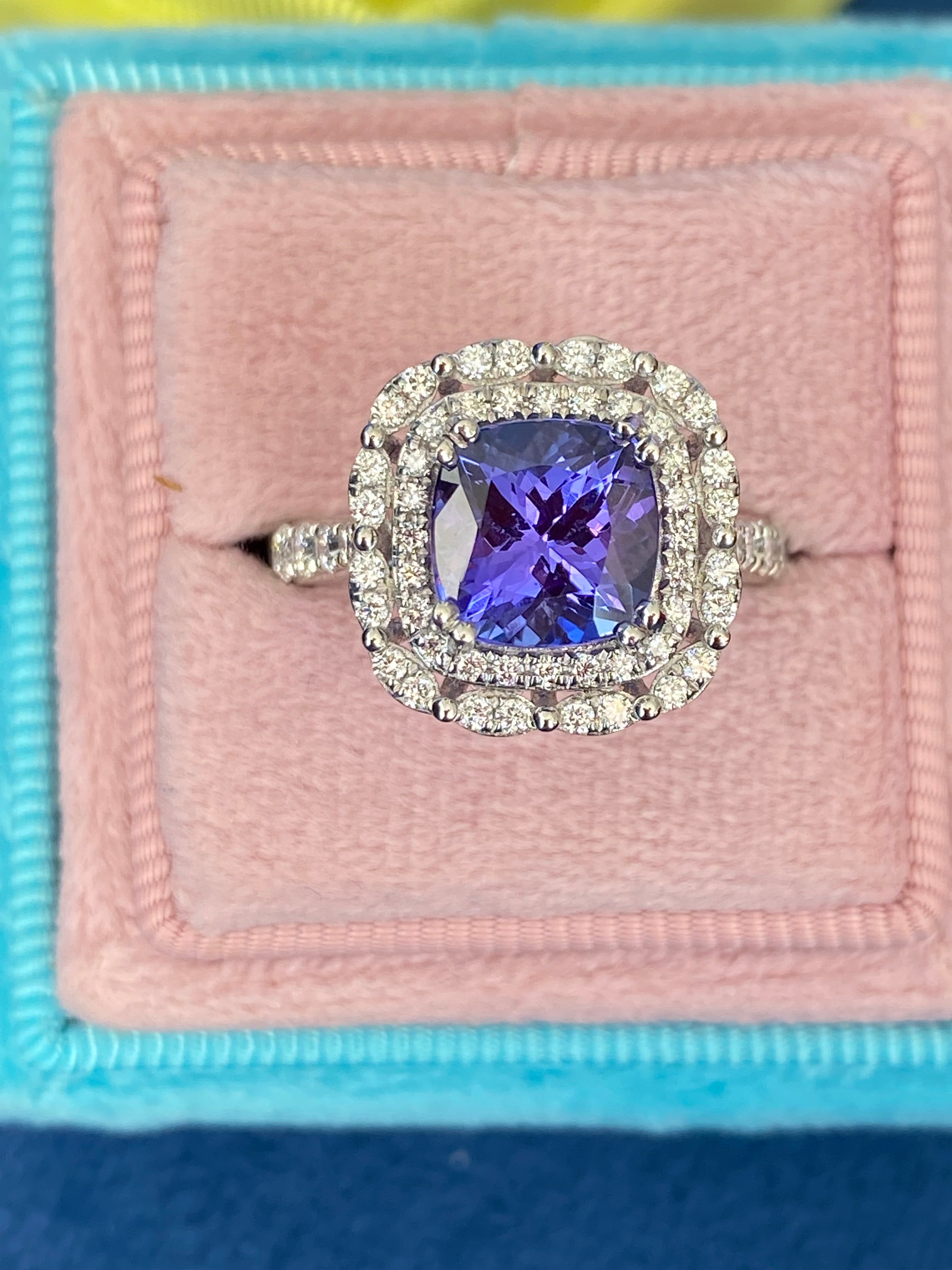 2.36 Carat Cushion Cut Tanzanite and 0.71 ctw Natural Diamond Ring in Platinum