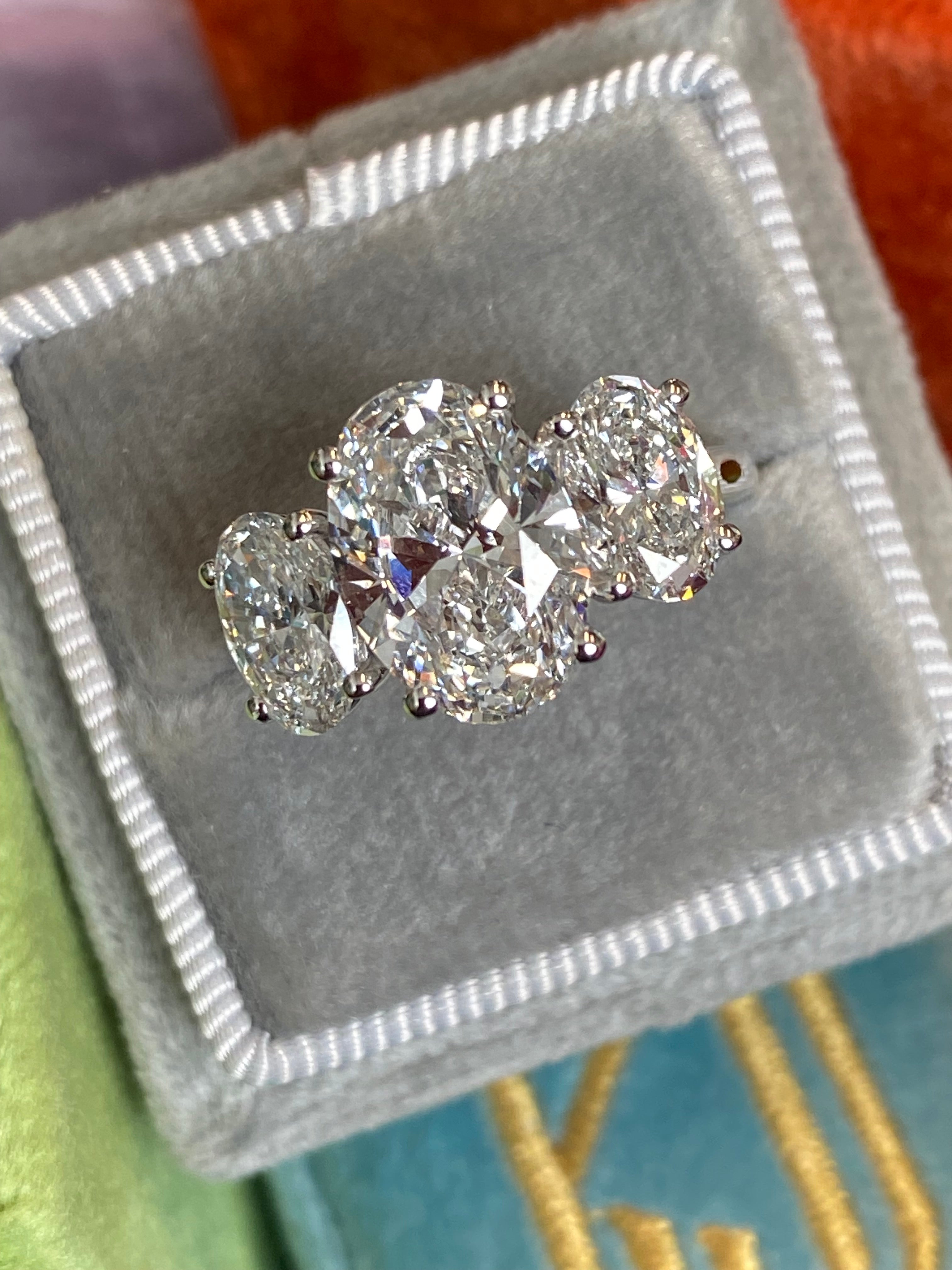 4.95 CTW Oval Cut D Colour VS2 Lab Diamond Three Stone Ring in Platinum