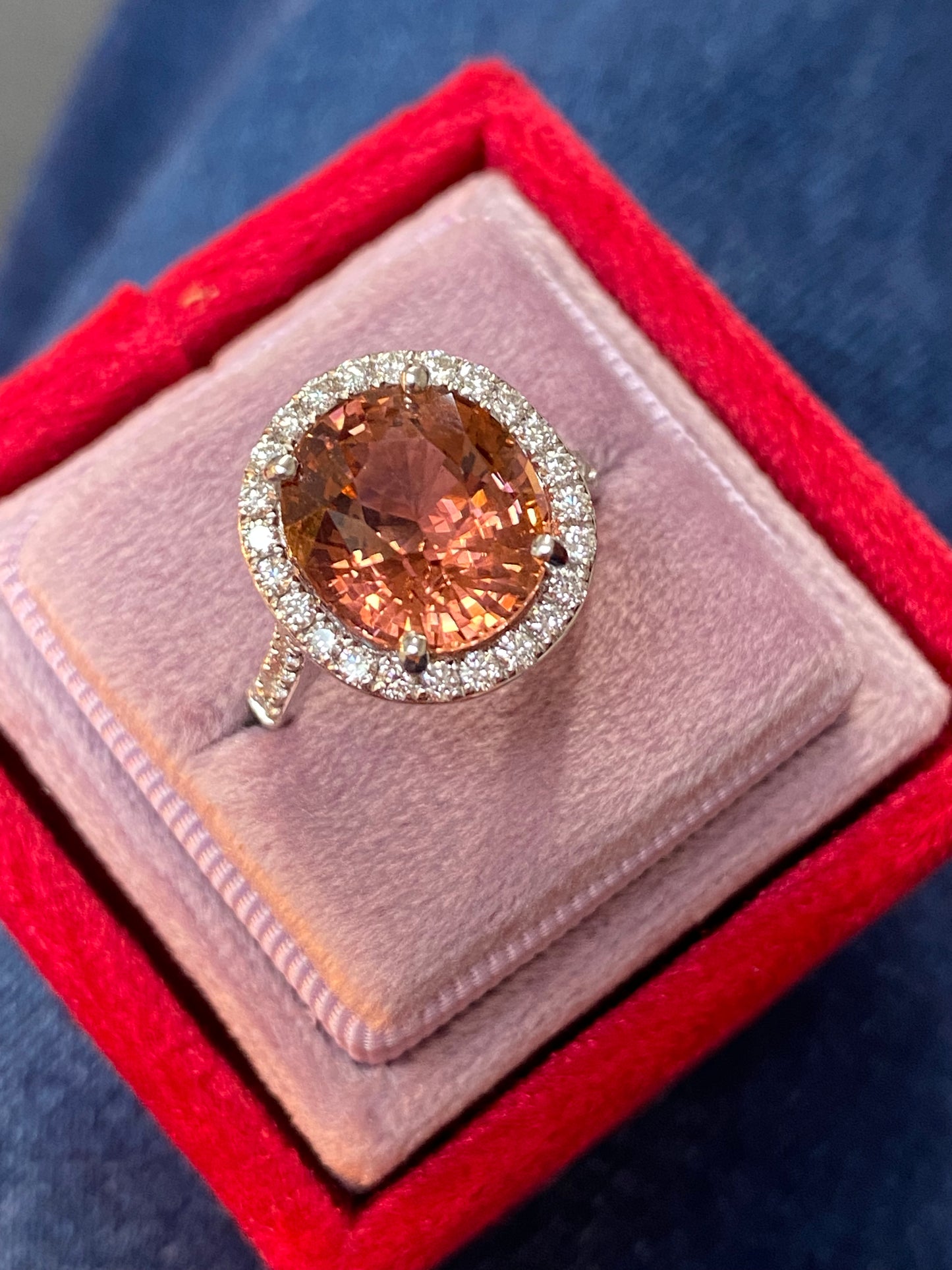 6.10 Carat Oval Cut Rose Pink Tourmaline and Natural Diamond Ring in Platinum
