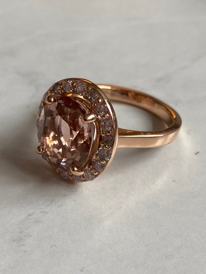 6.00 Carat Oval-Cut Pink Tourmaline and Diamond Halo Ring in 18ct Rose Gold