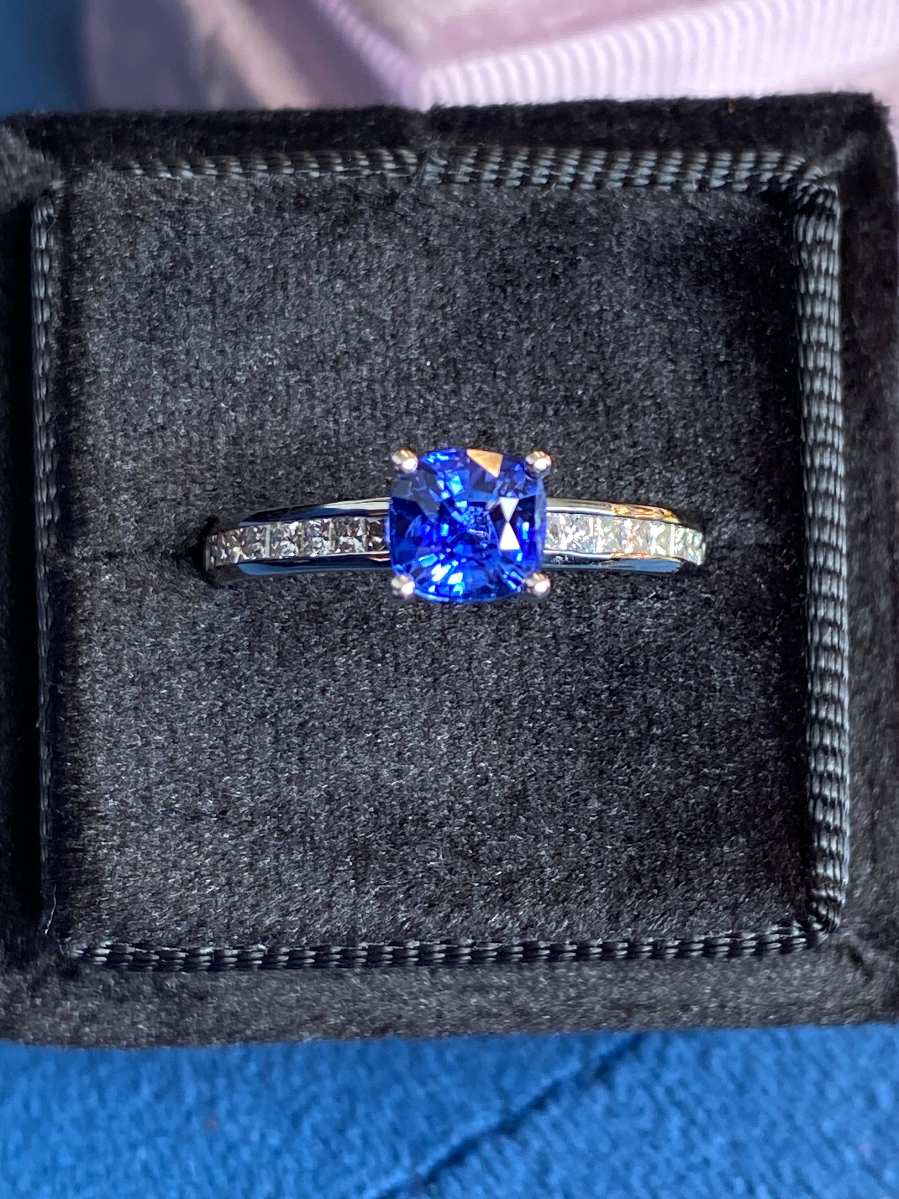 1.02 Carat Cushion Cut Blue Ceylon Sapphire Solitaire Style Engagement Ring in Platinum