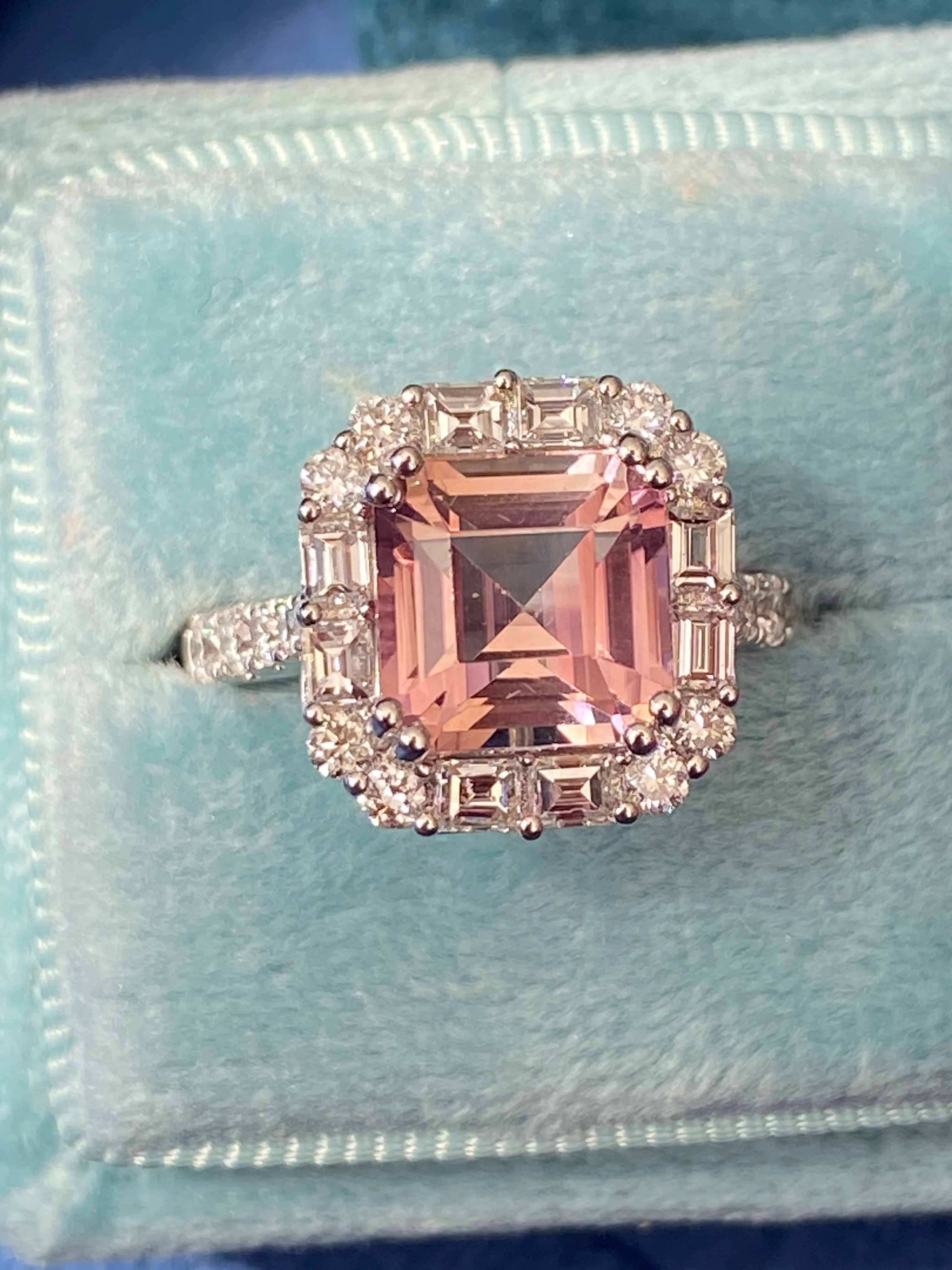 4.71 CTW Emerald Cut Pink Tourmaline and Natural Diamond Halo Ring in Platinum