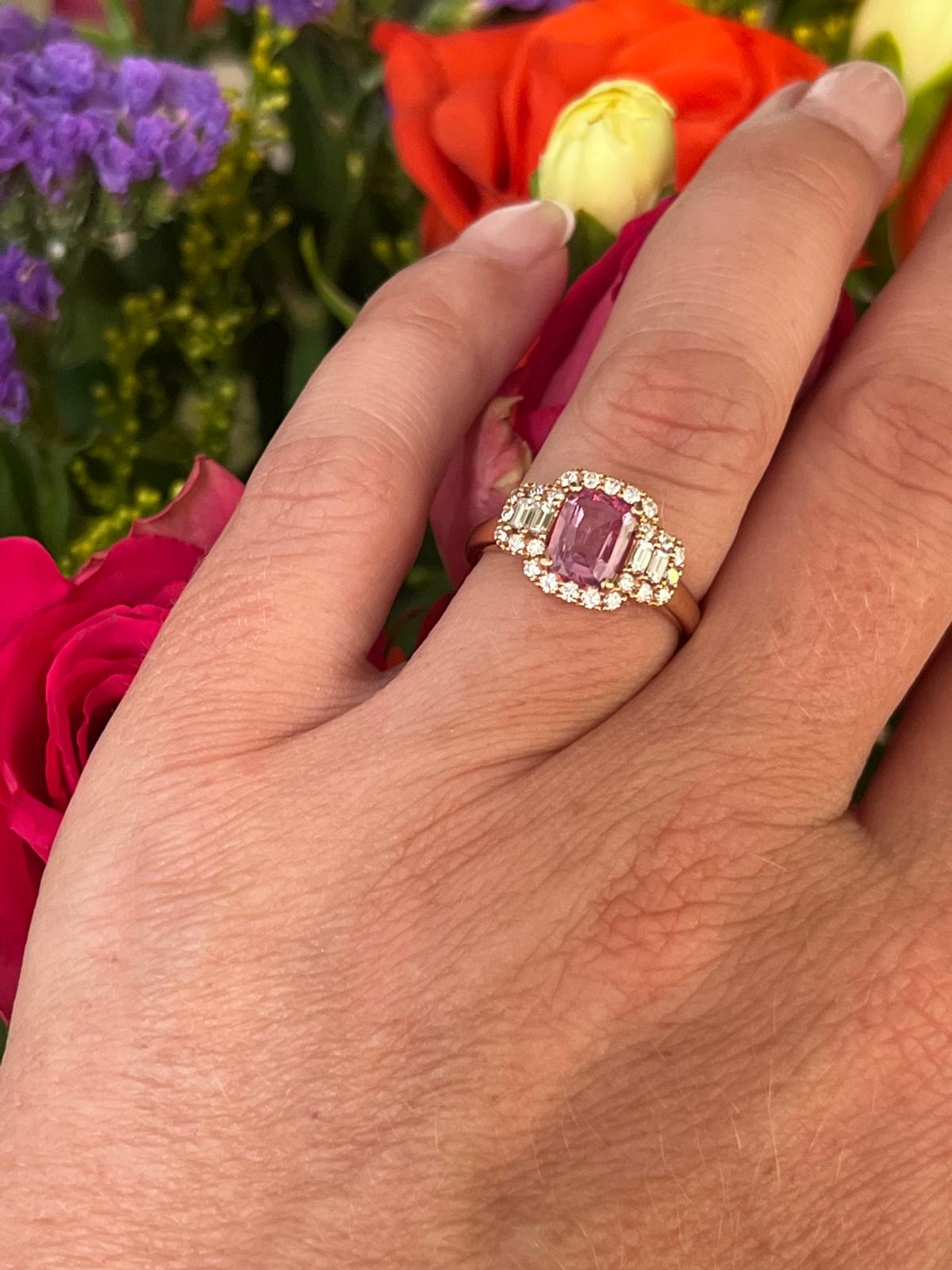 1.52 CTW Cushion Cut Pink Sapphire and Natural Diamond Halo Engagement Ring in 18ct Rose Gold