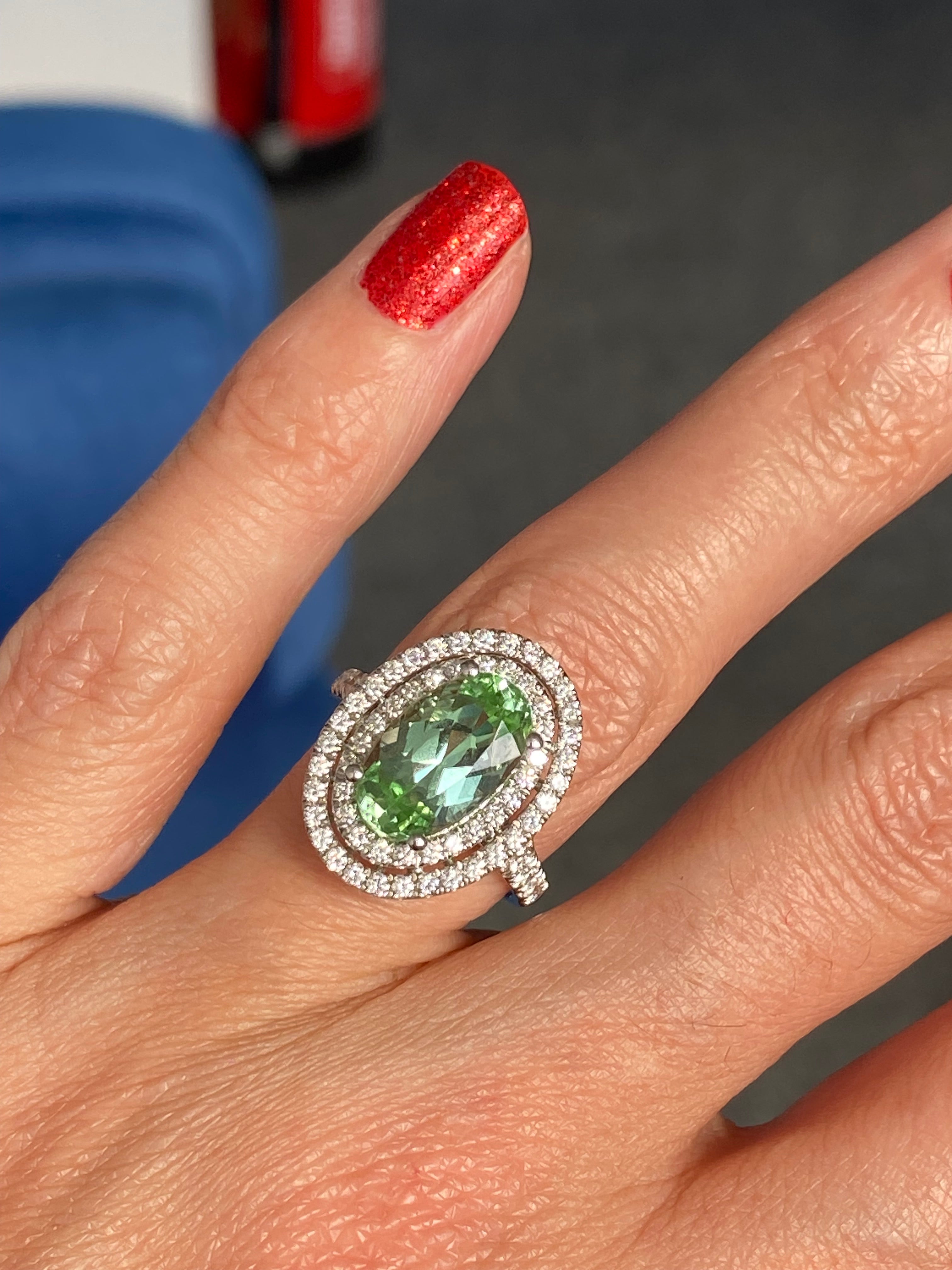 4.77 CTW Magical Mint Tourmaline and Natural Diamond Double Halo Ring in Platinum