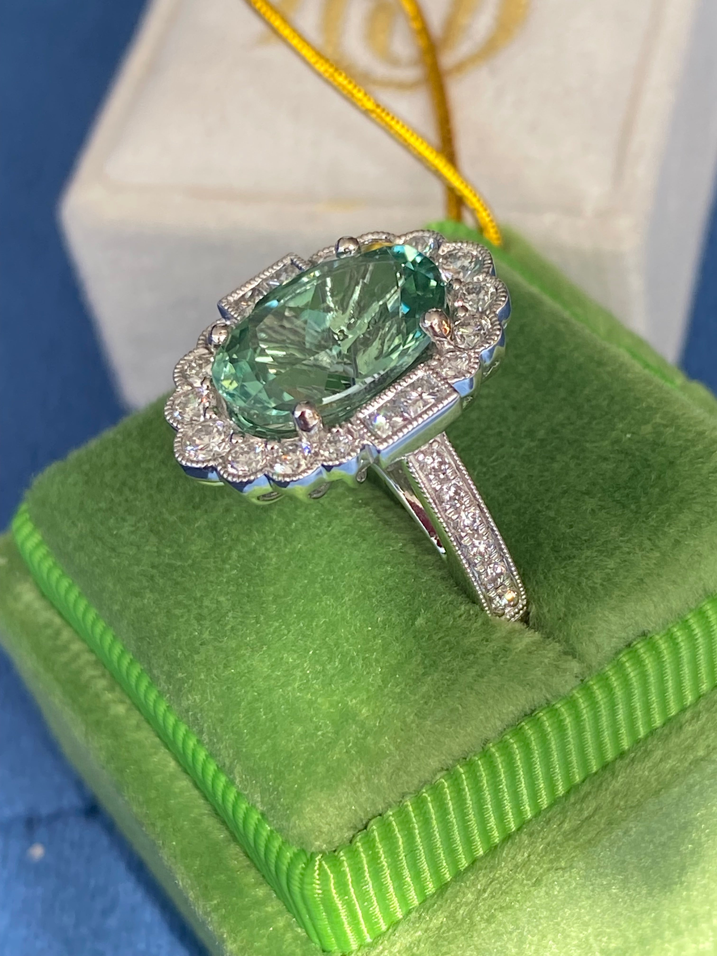 4.07 Carat Oval Cut Mint Tourmaline and 0.80 CTW Natural Diamond Ring in Platinum