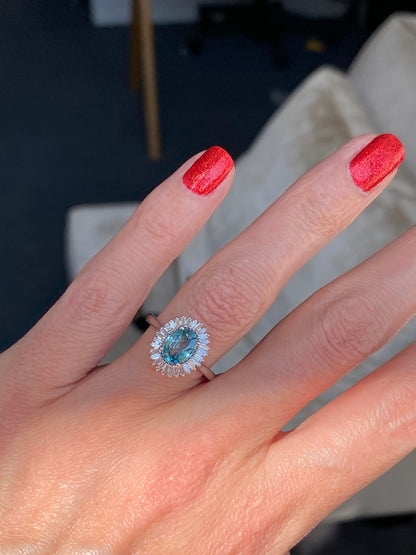1.70 Carat Blue Zircon and Natural Diamond Starburst Halo Ring in Platinum
