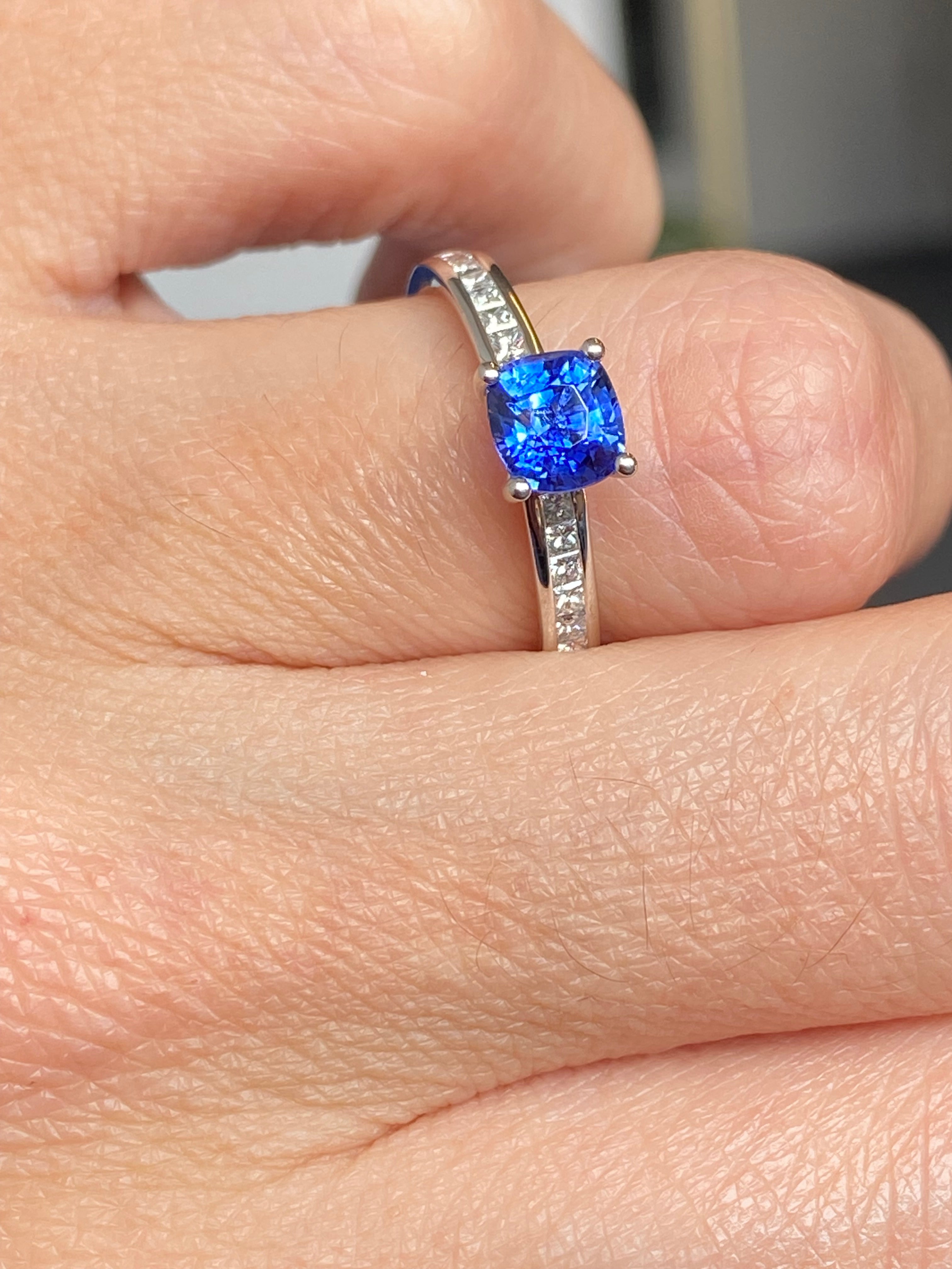 1.02 Carat Cushion Cut Blue Ceylon Sapphire Solitaire Style Engagement Ring in Platinum
