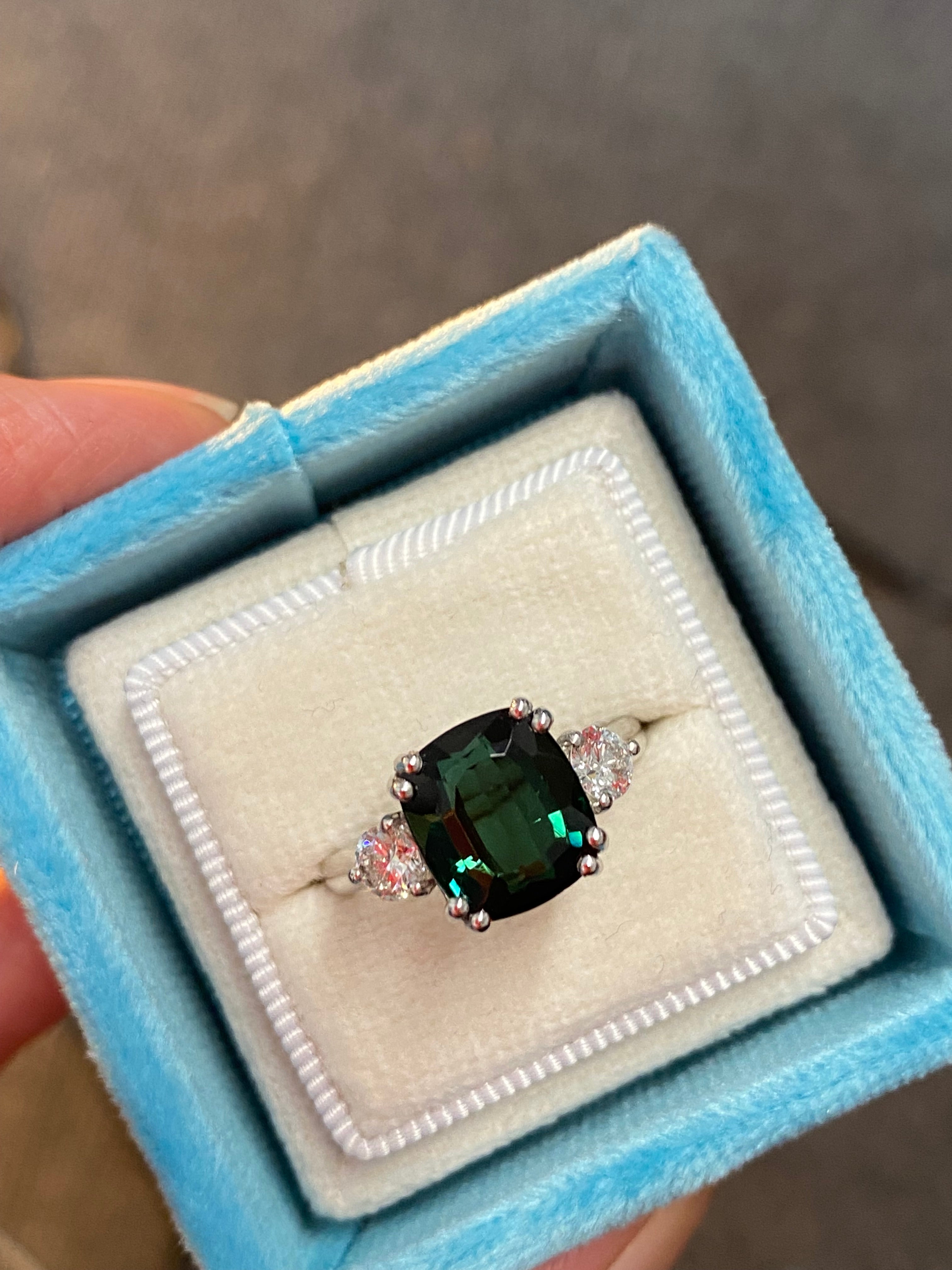 3.97 Carat Green Tourmaline and Natural Diamond Ring in Platinum