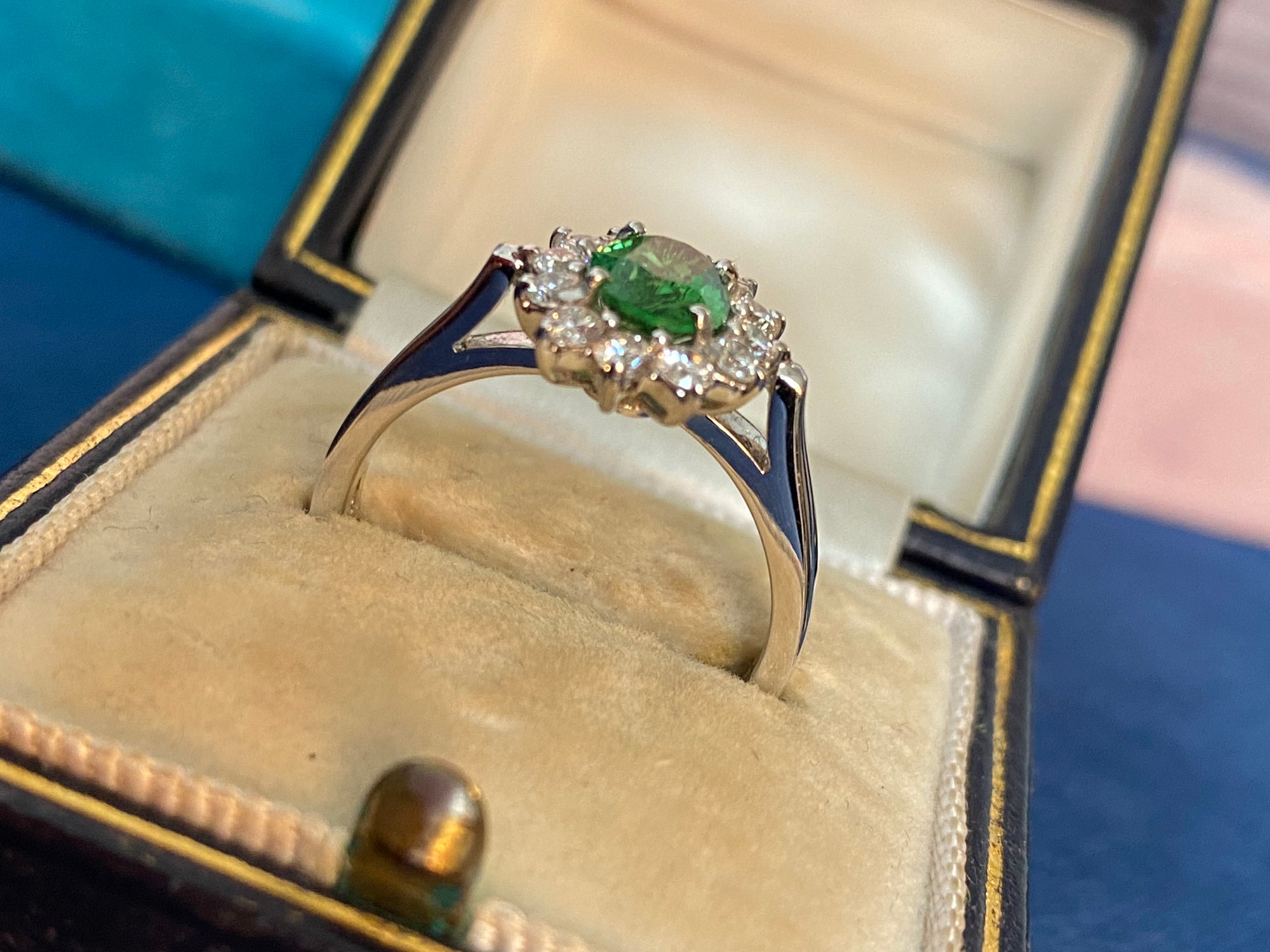 1.50 CTW Tsavorite Garnet and Diamond Halo Engagement Ring in 18ct White Gold