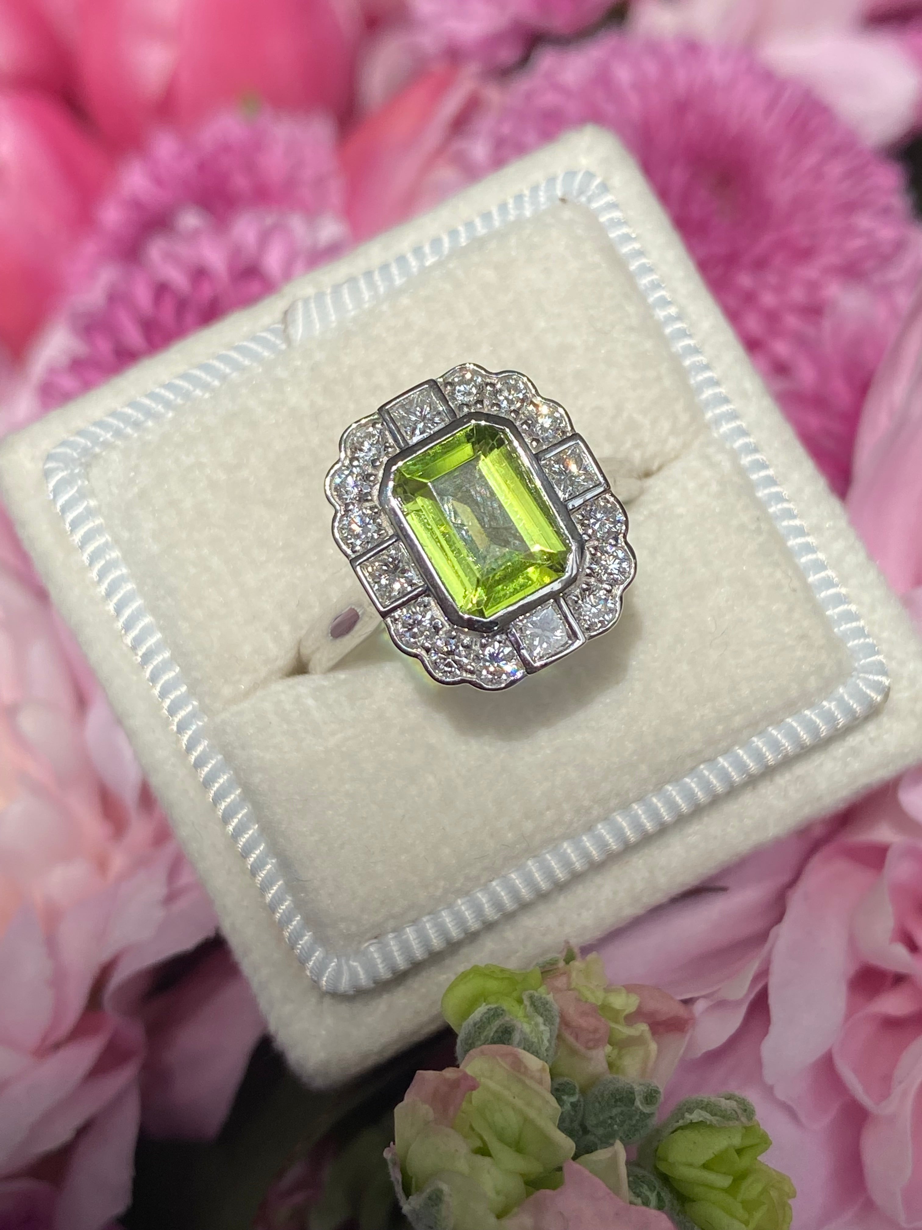 1.32 Carat Peridot and Natural Diamond Ring in Platinum